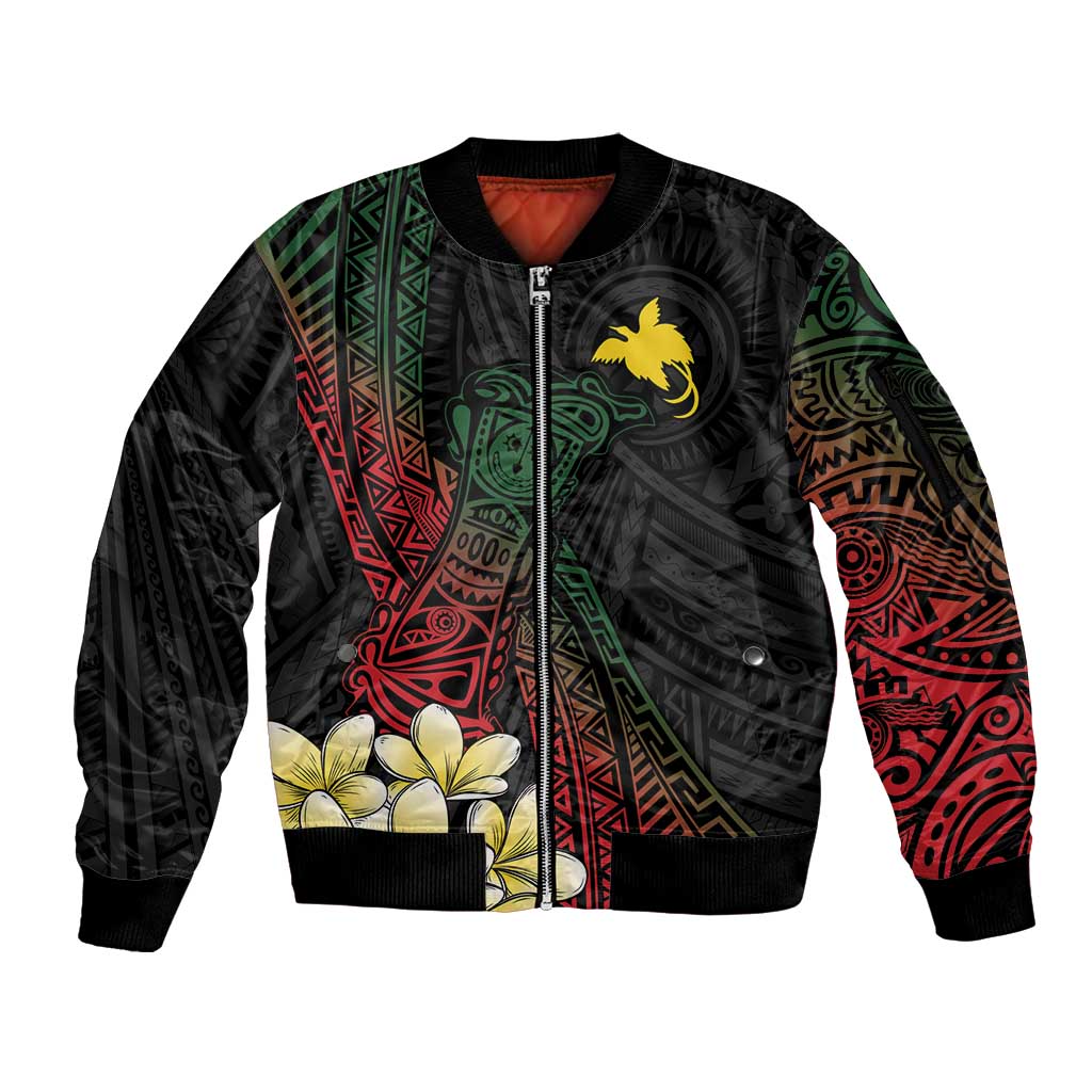 Personalized Papua New Guinea Sleeve Zip Bomber Jacket Kundu Drum Motifs - Sepik Colors LT7 Unisex Black - Polynesian Pride