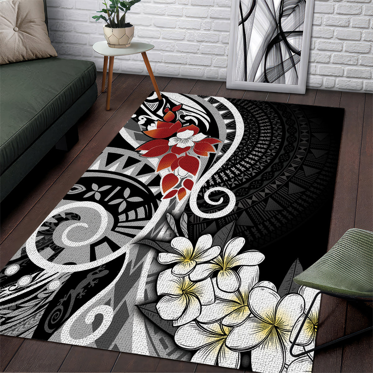 Bula Fiji Tagimaucia Mix Plumeria Masi Tapa Area Rug Black LT7 Black - Polynesian Pride