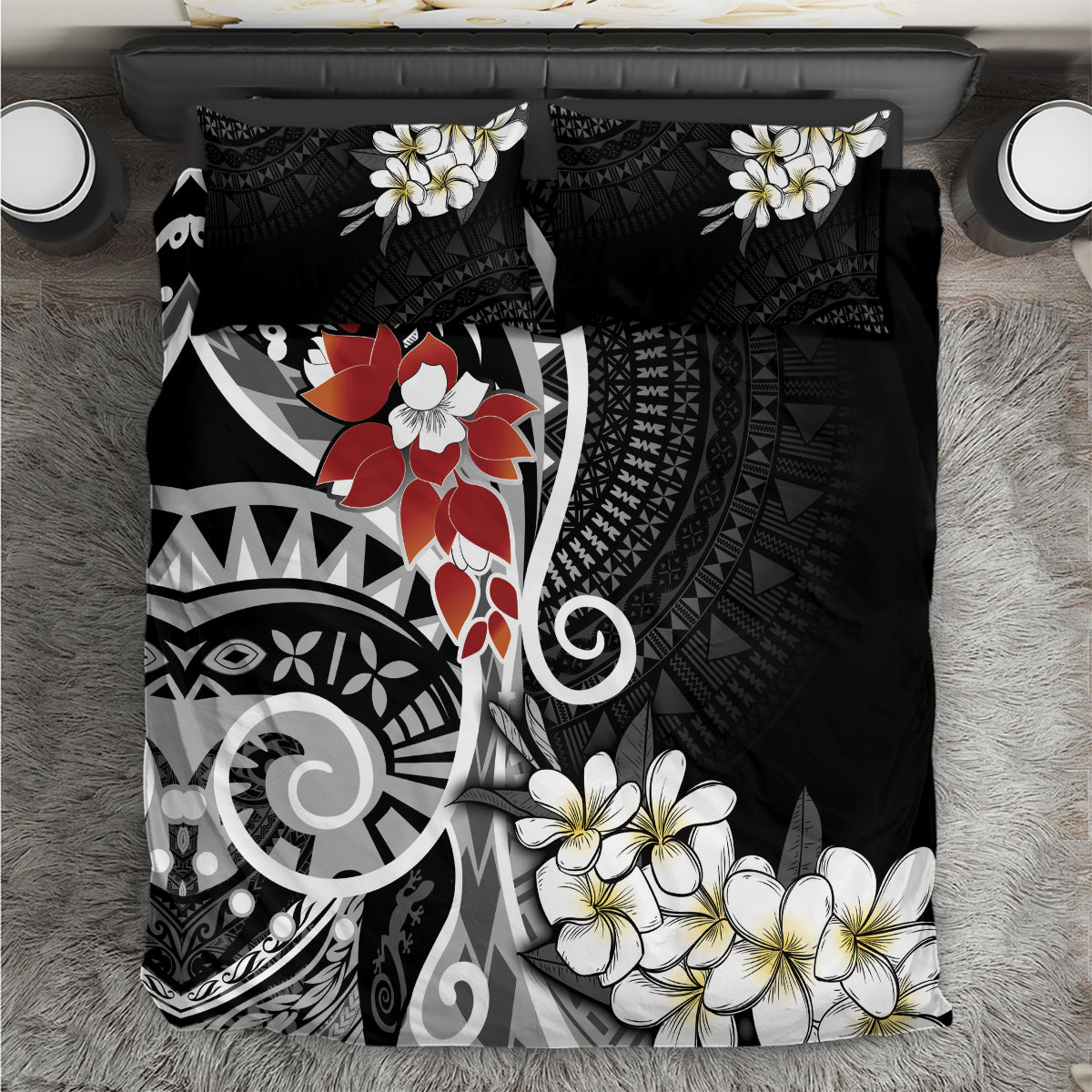 Bula Fiji Tagimaucia Mix Plumeria Masi Tapa Bedding Set Black LT7 Black - Polynesian Pride