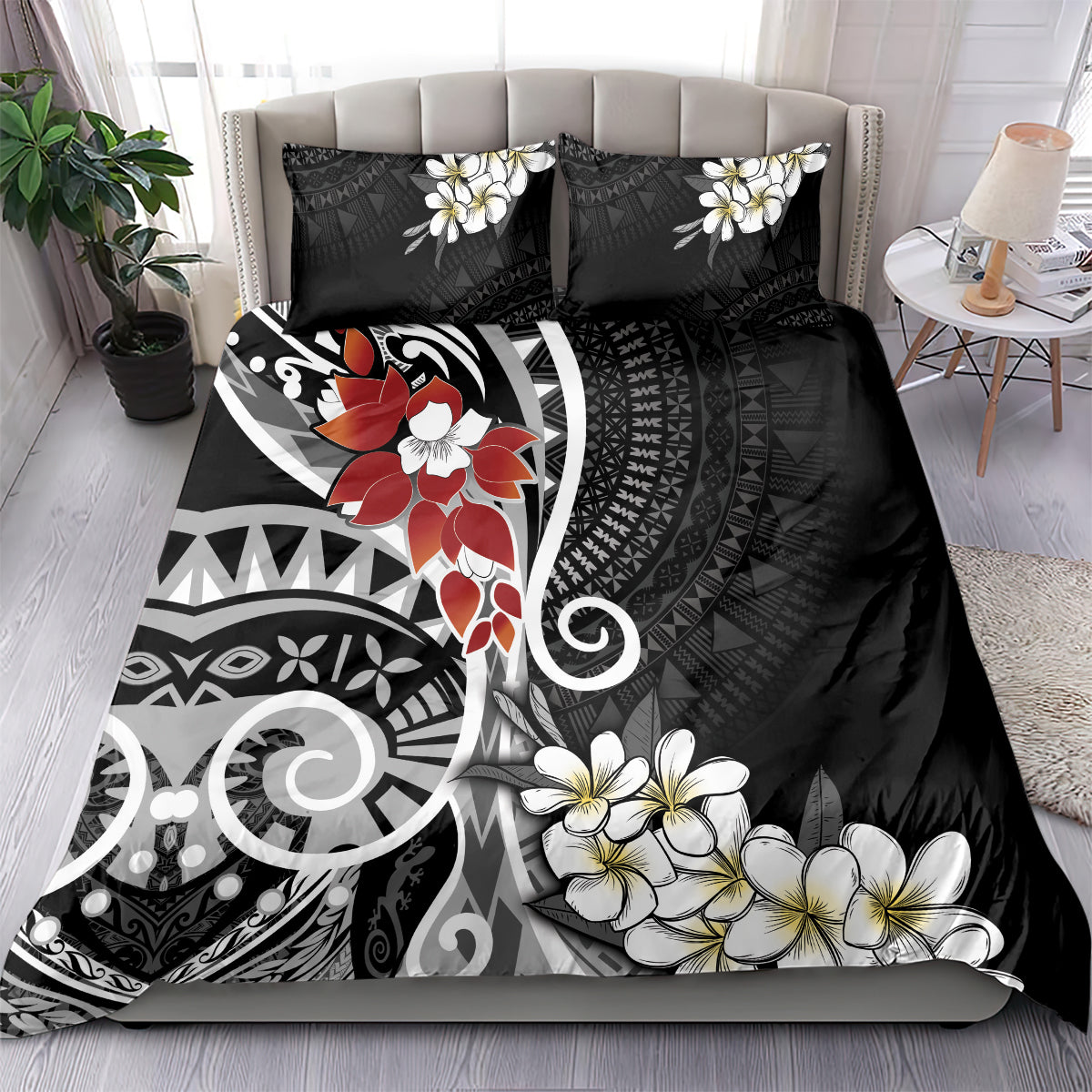 Bula Fiji Tagimaucia Mix Plumeria Masi Tapa Bedding Set Black LT7 - Polynesian Pride