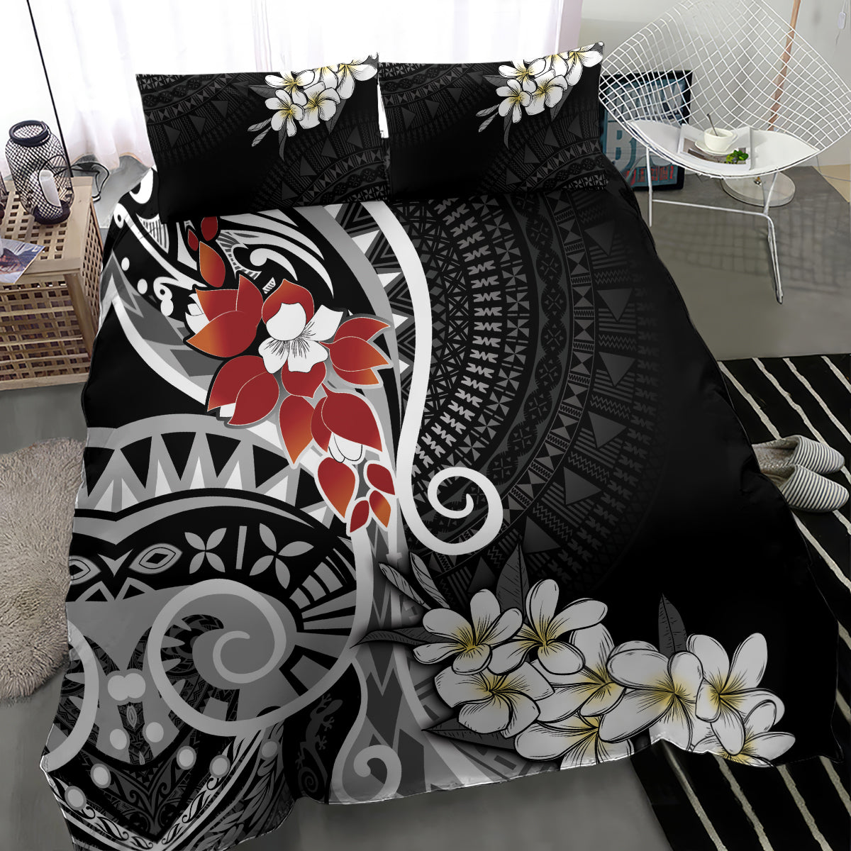 Bula Fiji Tagimaucia Mix Plumeria Masi Tapa Bedding Set Black LT7 - Polynesian Pride