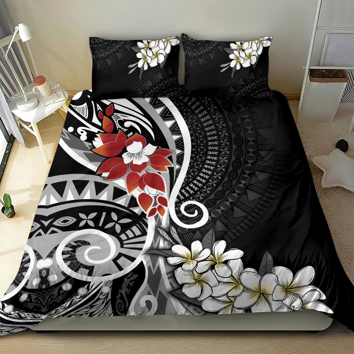 Bula Fiji Tagimaucia Mix Plumeria Masi Tapa Bedding Set Black LT7 - Polynesian Pride