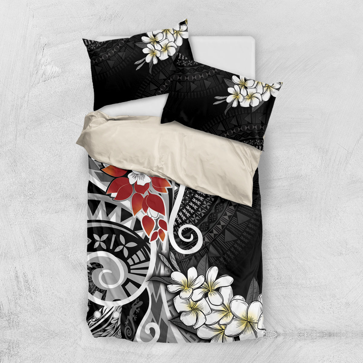 Bula Fiji Tagimaucia Mix Plumeria Masi Tapa Bedding Set Black LT7 US Twin 172cm x 218cm Black - Polynesian Pride