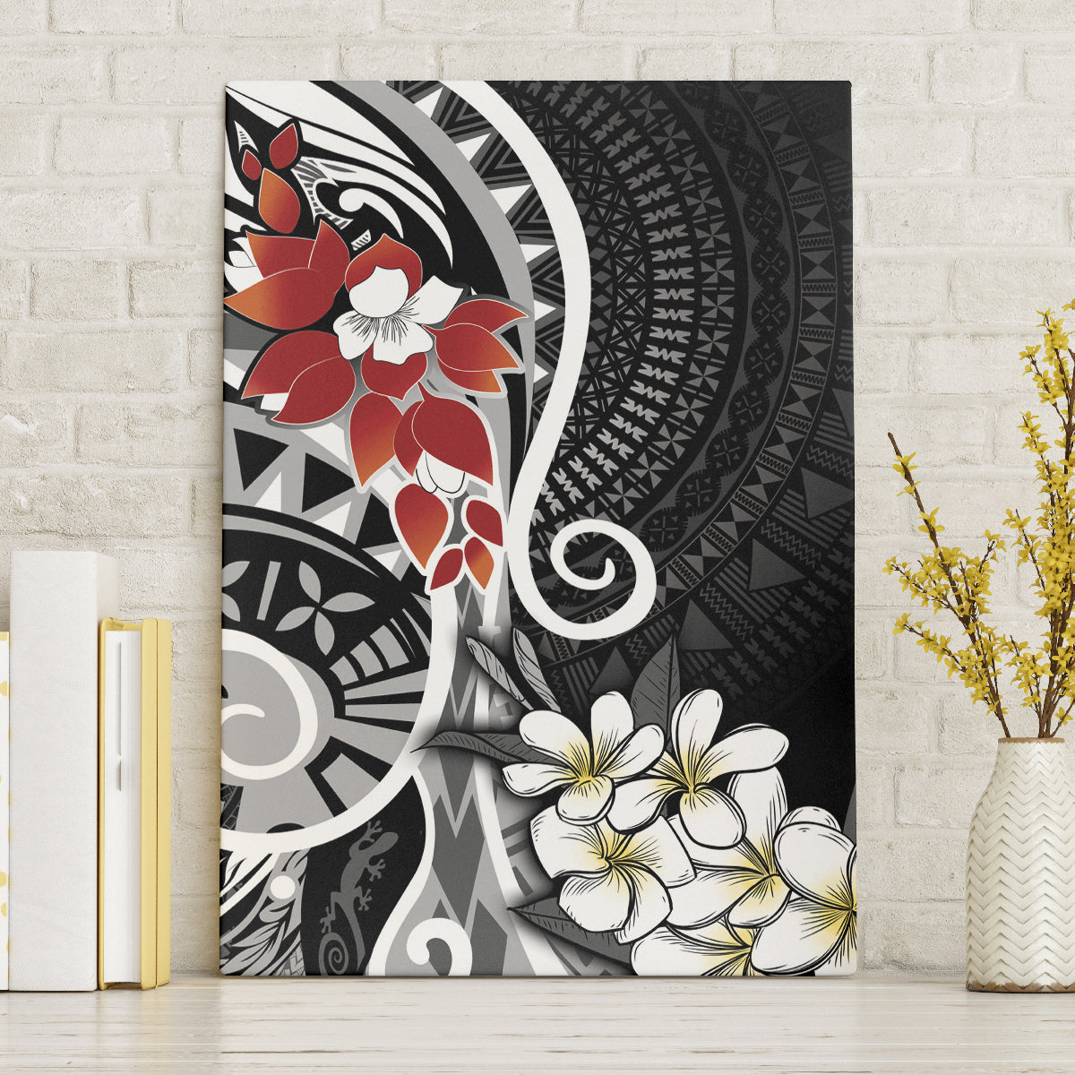 Bula Fiji Tagimaucia Mix Plumeria Masi Tapa Canvas Wall Art Black LT7 Without Frame Black - Polynesian Pride