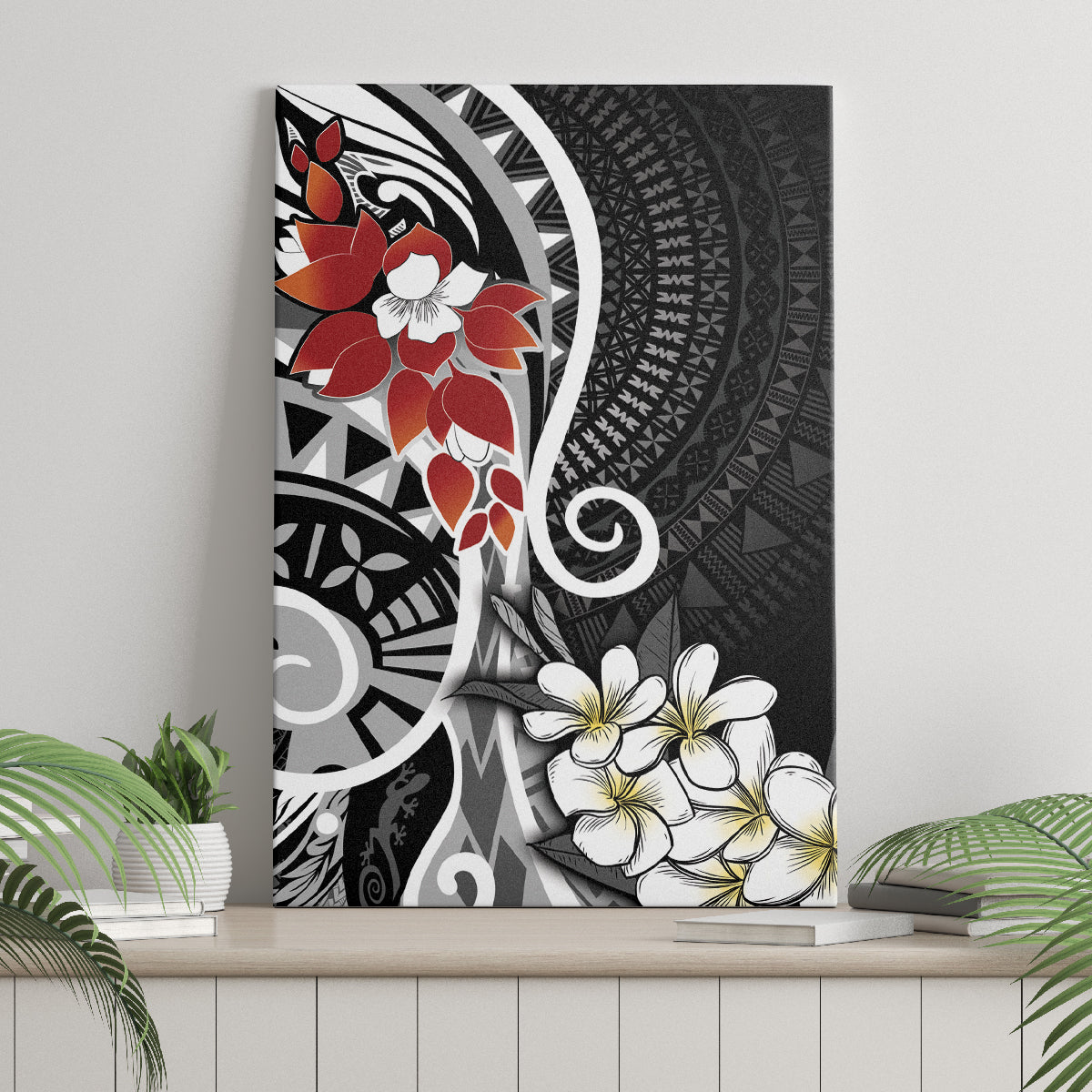 Bula Fiji Tagimaucia Mix Plumeria Masi Tapa Canvas Wall Art Black LT7 - Polynesian Pride