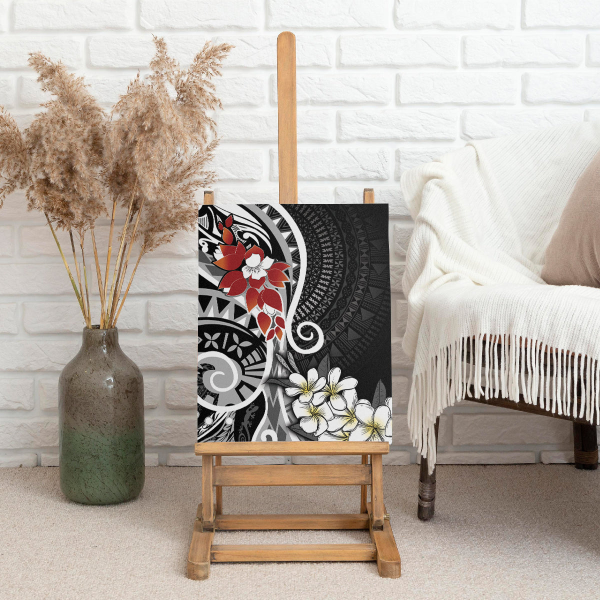 Bula Fiji Tagimaucia Mix Plumeria Masi Tapa Canvas Wall Art Black LT7 - Polynesian Pride