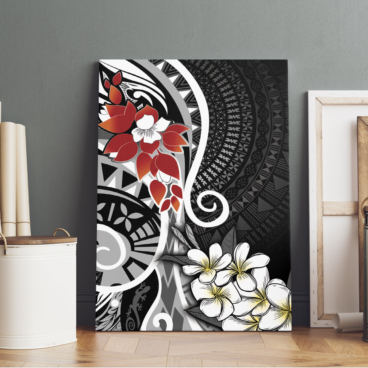 Bula Fiji Tagimaucia Mix Plumeria Masi Tapa Canvas Wall Art Black LT7 - Polynesian Pride