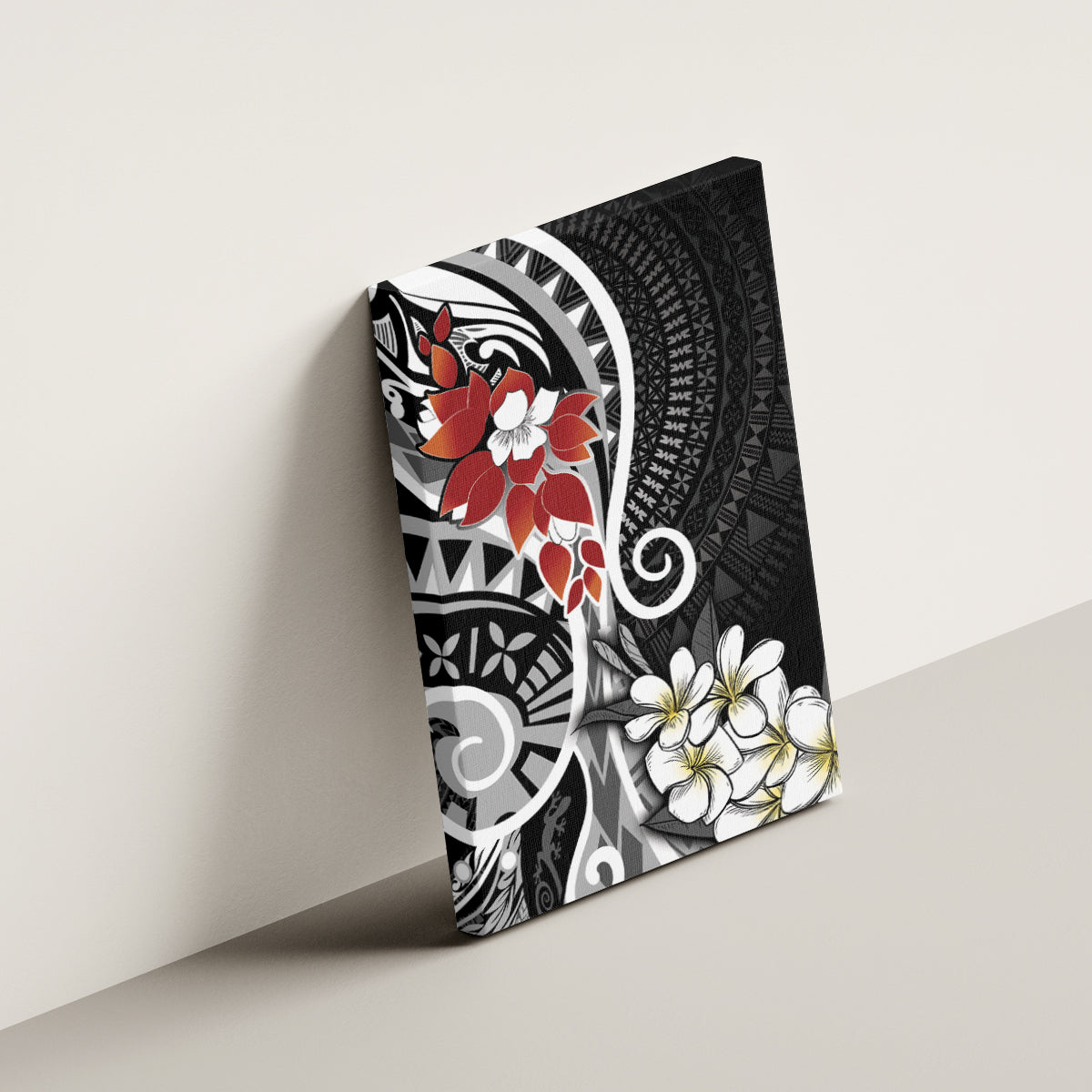 Bula Fiji Tagimaucia Mix Plumeria Masi Tapa Canvas Wall Art Black LT7 - Polynesian Pride