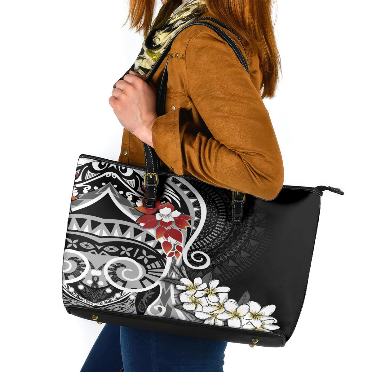 Bula Fiji Tagimaucia Mix Plumeria Masi Tapa Leather Tote Bag Black LT7 Black - Polynesian Pride