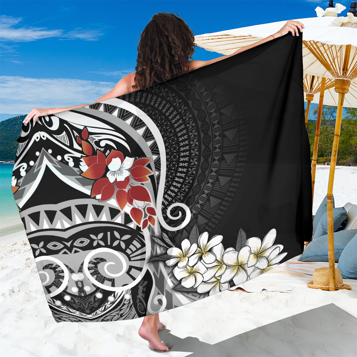 Bula Fiji Tagimaucia Mix Plumeria Masi Tapa Sarong Black LT7 One Size 44 x 66 inches Black - Polynesian Pride