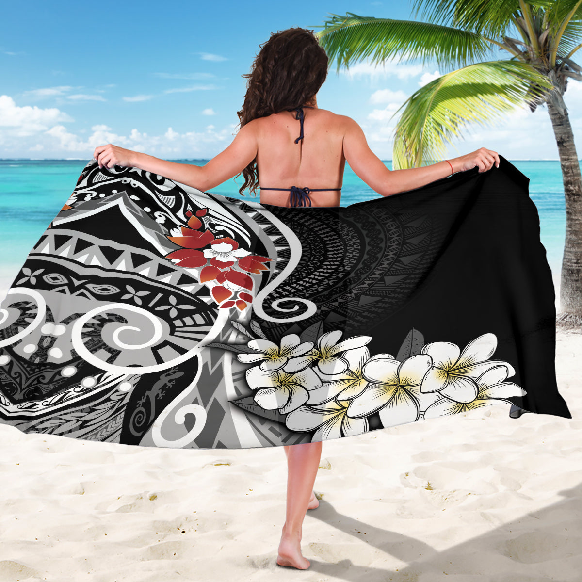 Bula Fiji Tagimaucia Mix Plumeria Masi Tapa Sarong Black LT7 - Polynesian Pride