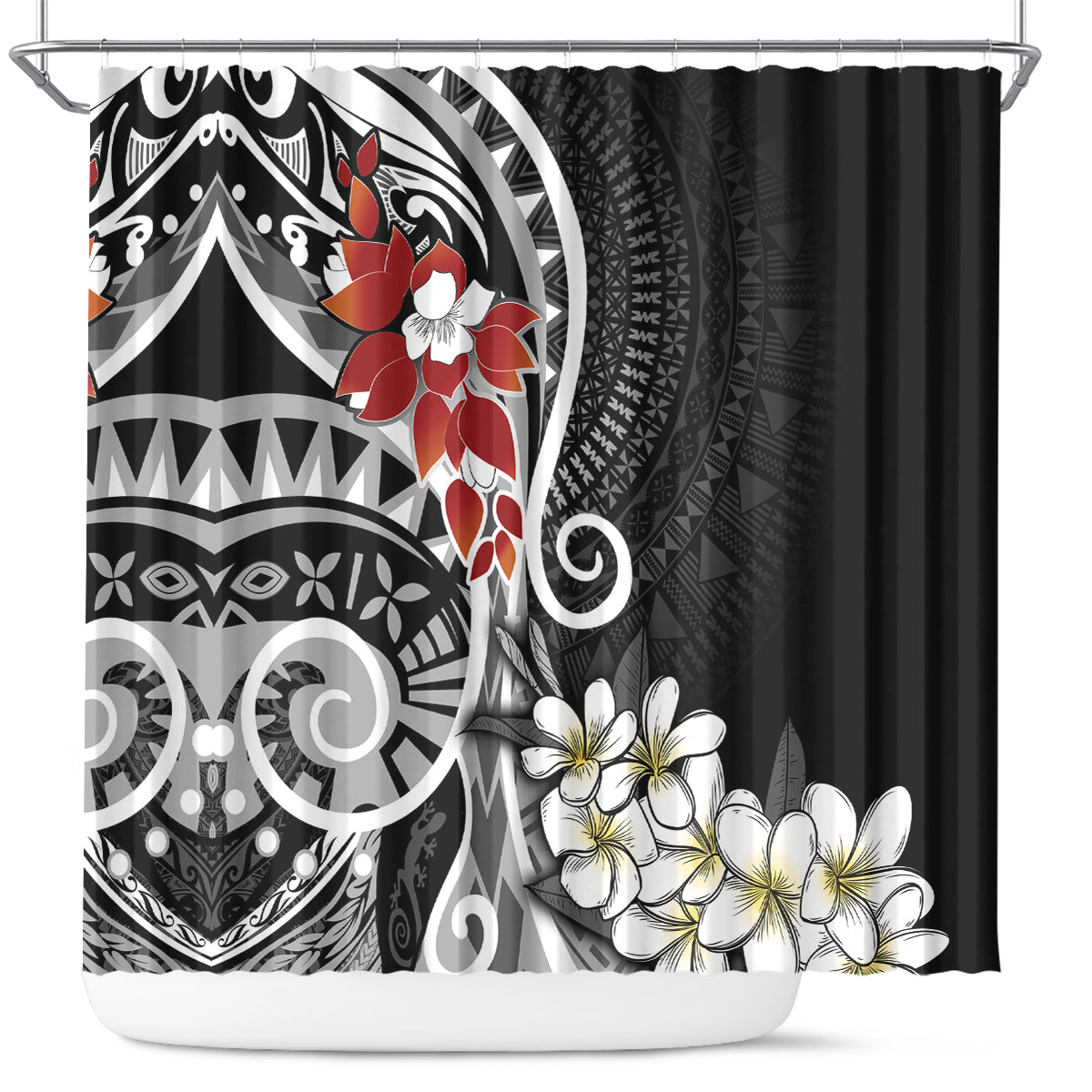 Bula Fiji Tagimaucia Mix Plumeria Masi Tapa Shower Curtain Black