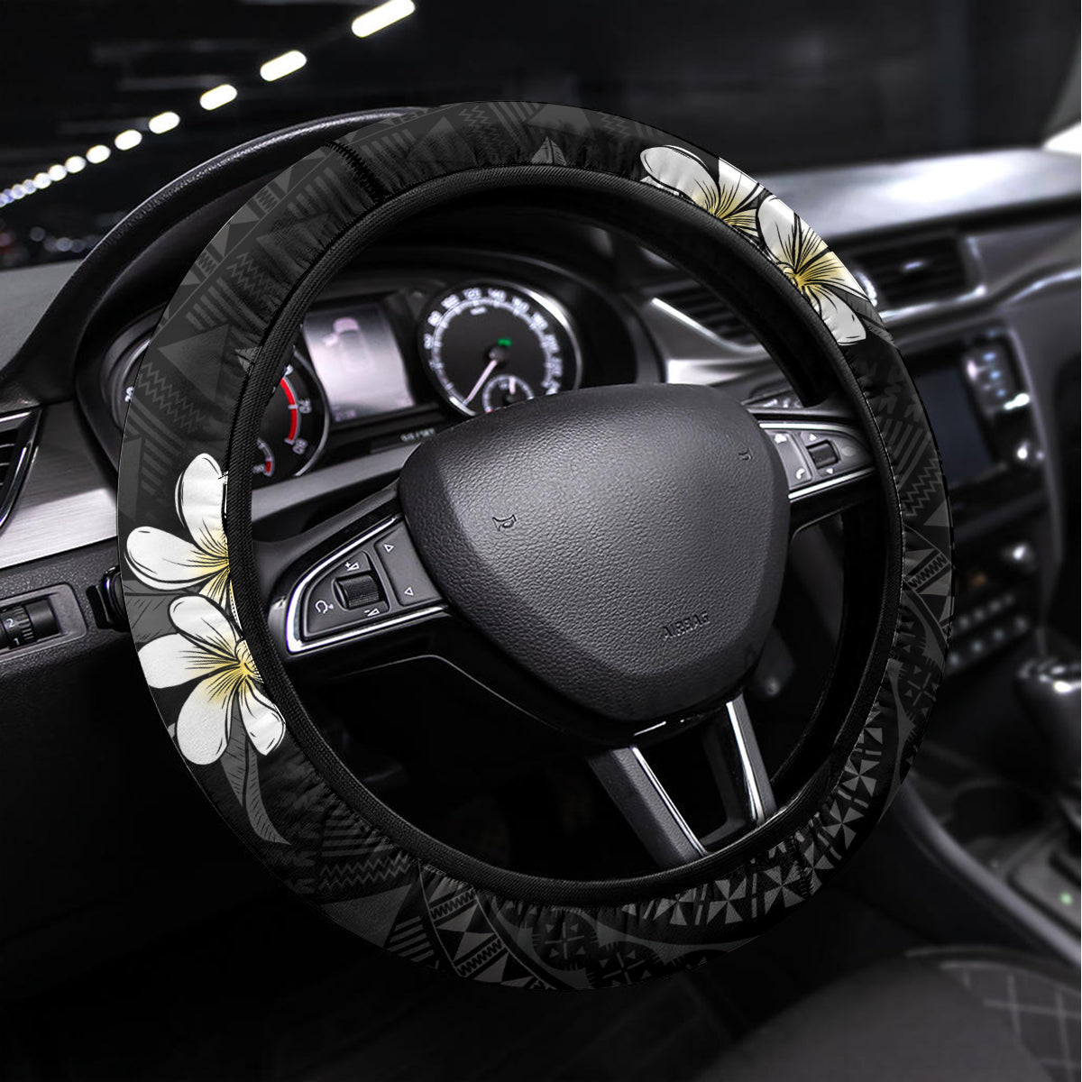 Bula Fiji Tagimaucia Mix Plumeria Masi Tapa Steering Wheel Cover Black LT7 Universal Fit Black - Polynesian Pride