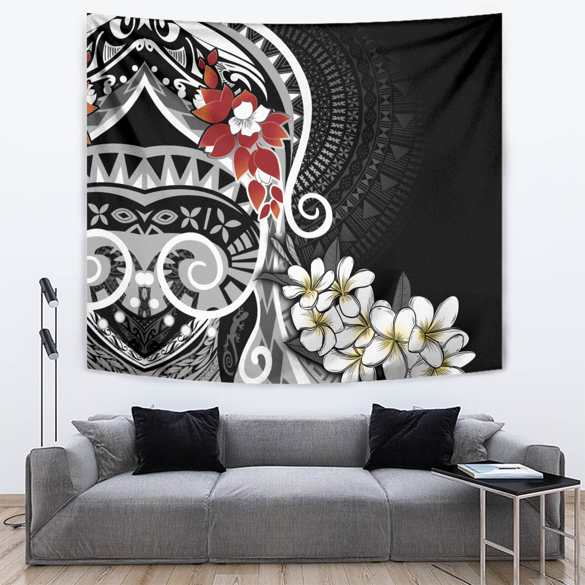 Bula Fiji Tagimaucia Mix Plumeria Masi Tapa Tapestry Black LT7 Black - Polynesian Pride