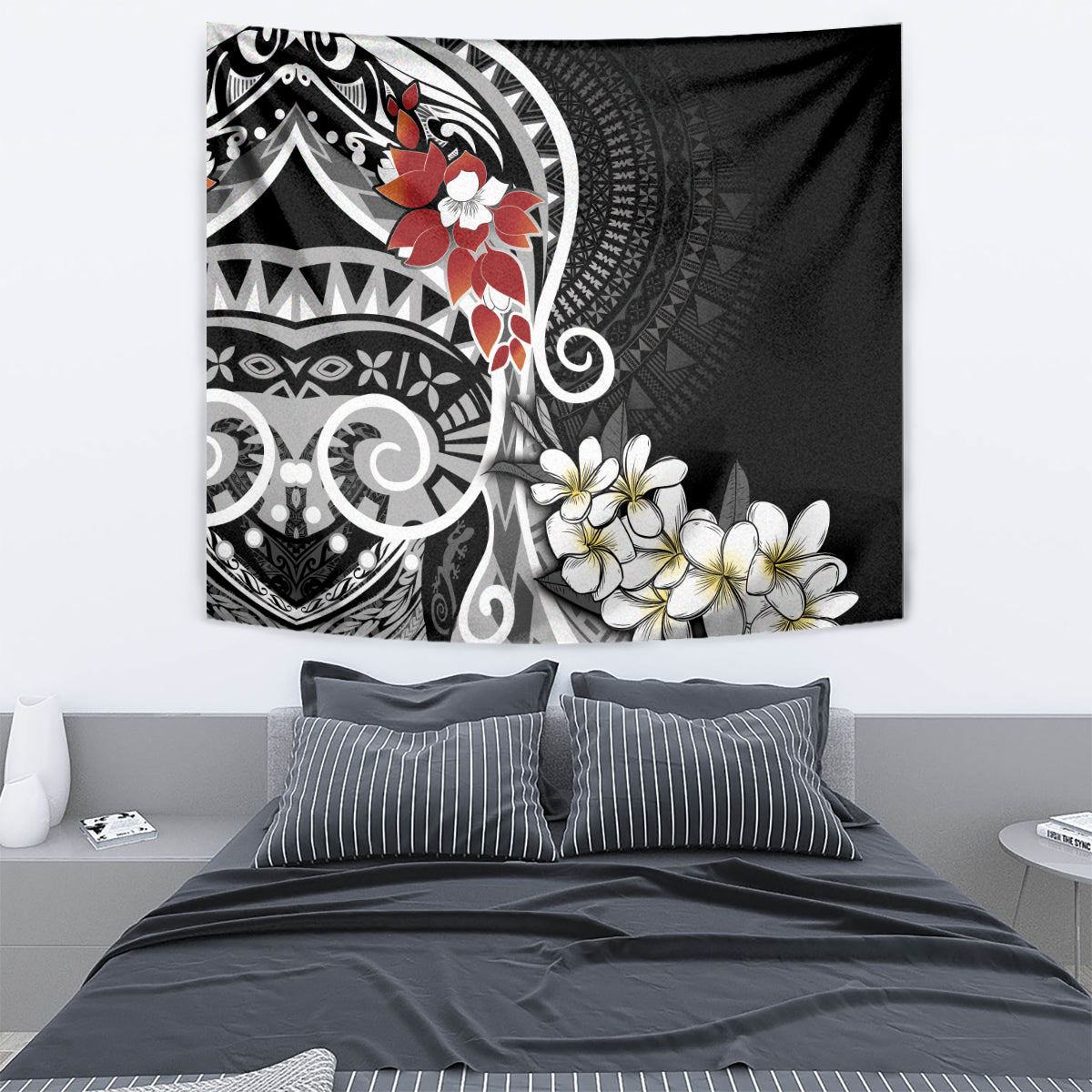 Bula Fiji Tagimaucia Mix Plumeria Masi Tapa Tapestry Black LT7 - Polynesian Pride