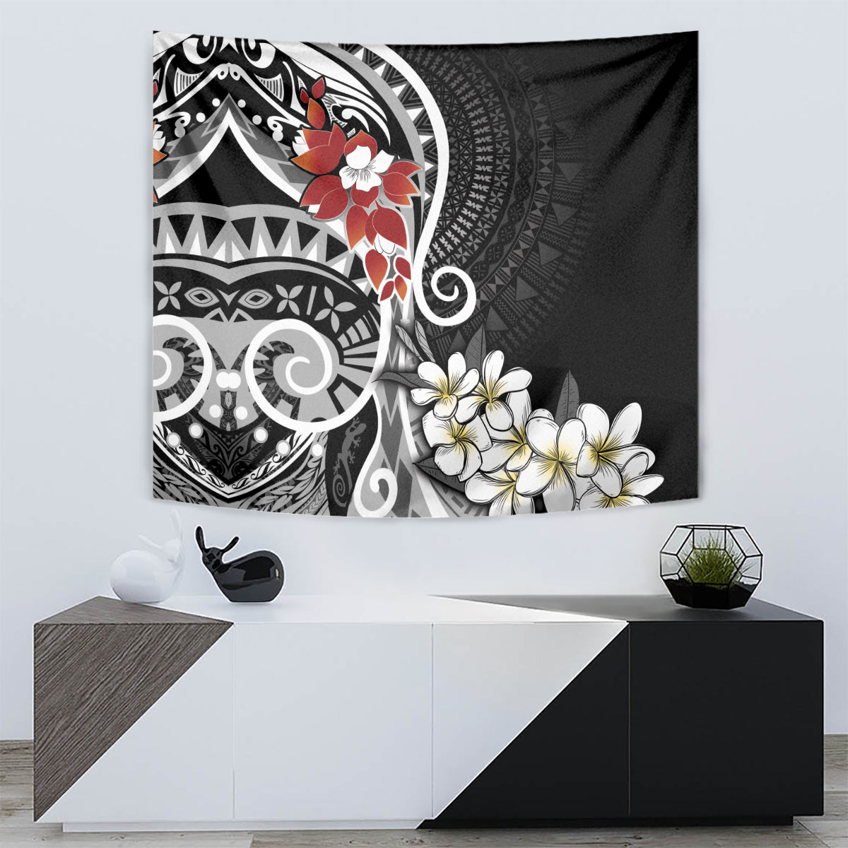 Bula Fiji Tagimaucia Mix Plumeria Masi Tapa Tapestry Black LT7 - Polynesian Pride