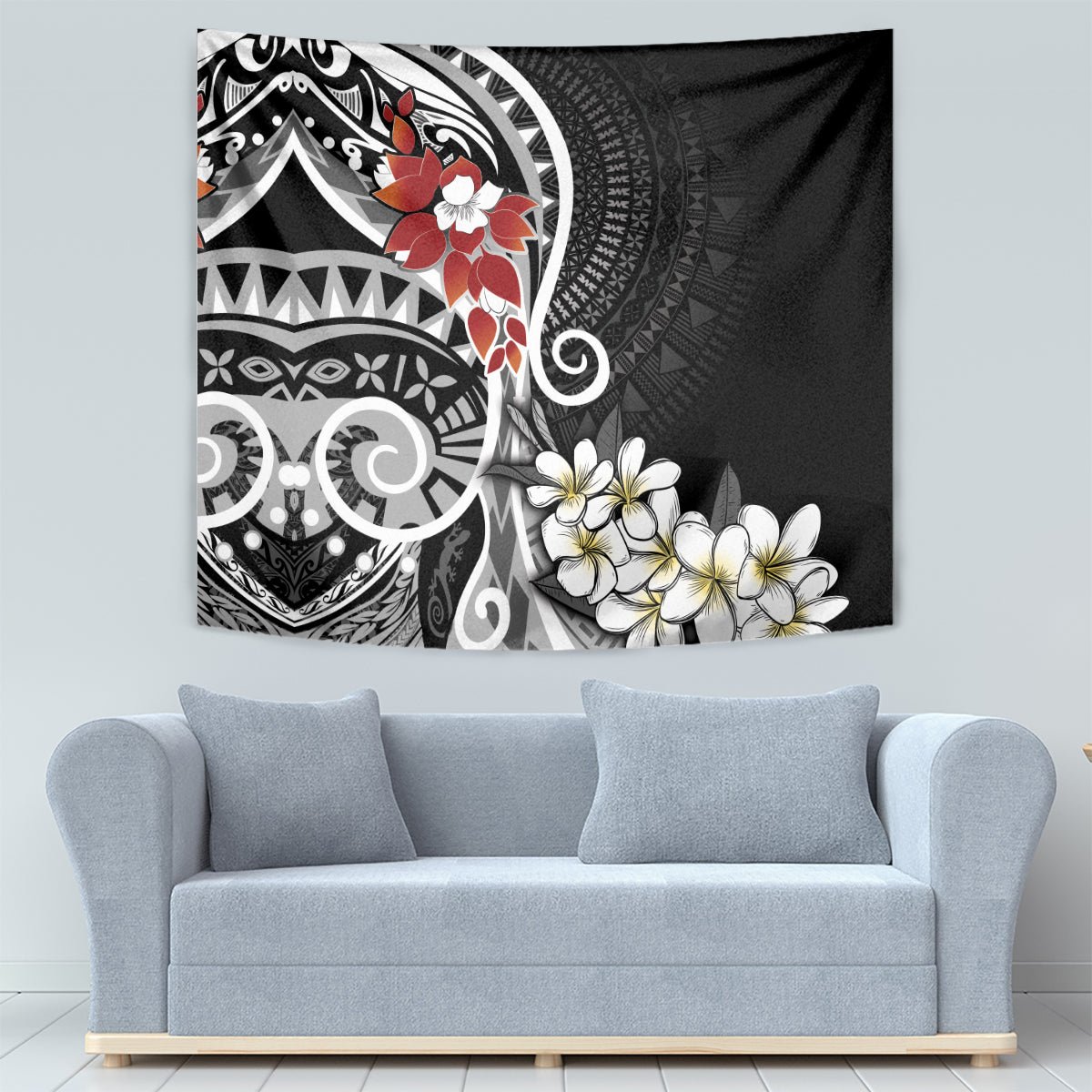 Bula Fiji Tagimaucia Mix Plumeria Masi Tapa Tapestry Black LT7 - Polynesian Pride