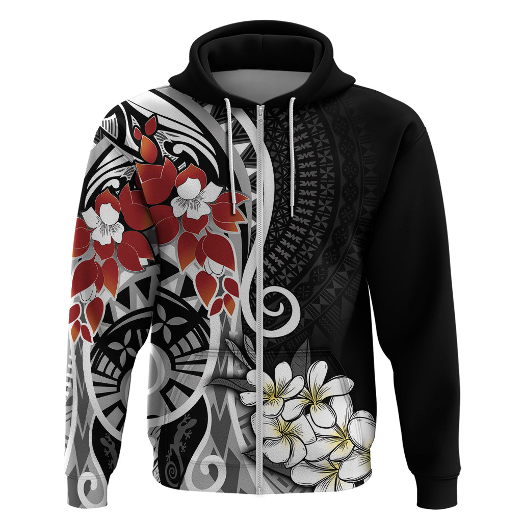 Bula Fiji Tagimaucia Mix Plumeria Masi Tapa Zip Hoodie Black LT7 Zip Hoodie Black - Polynesian Pride