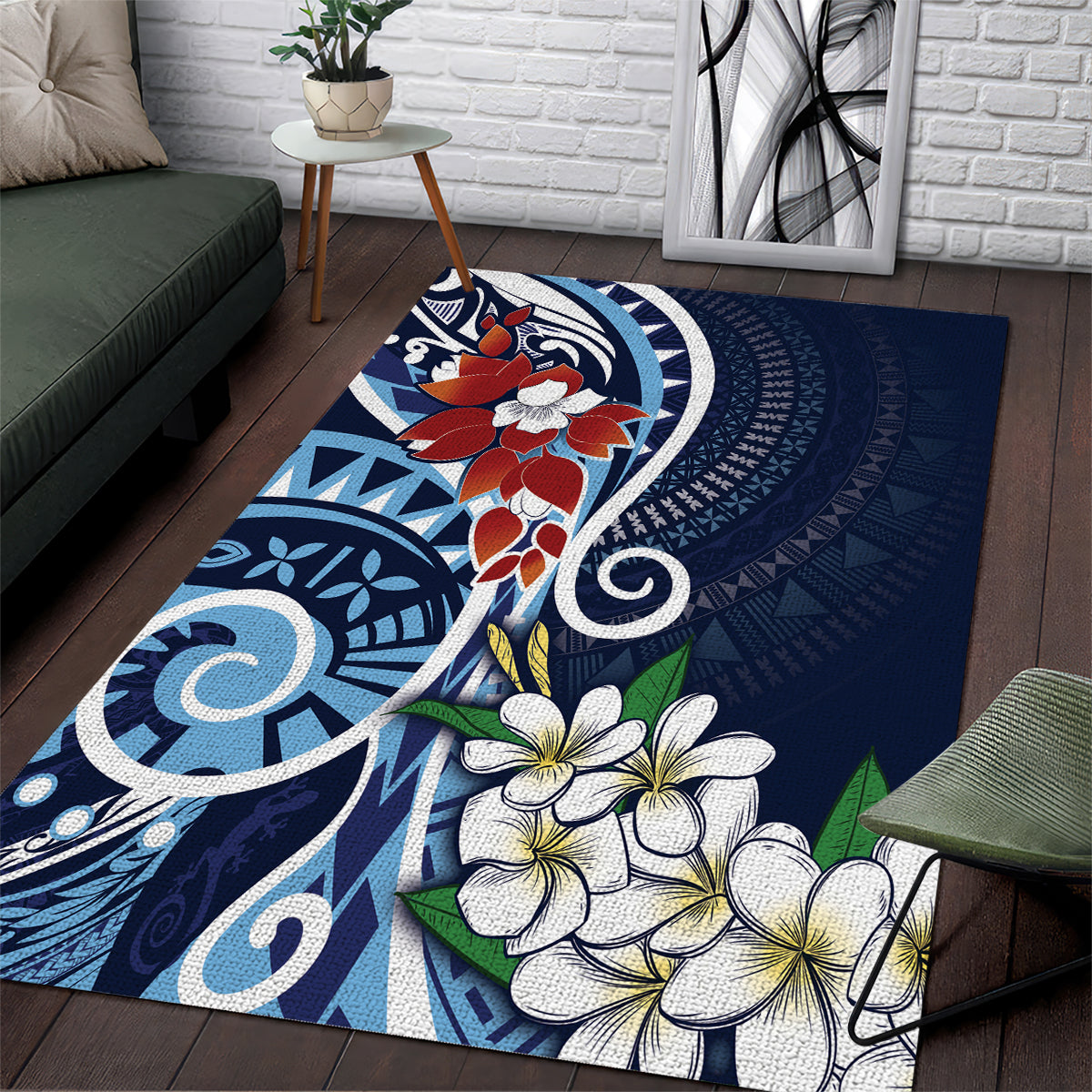 Bula Fiji Tagimaucia Mix Plumeria Masi Tapa Area Rug Blue LT7 Blue - Polynesian Pride