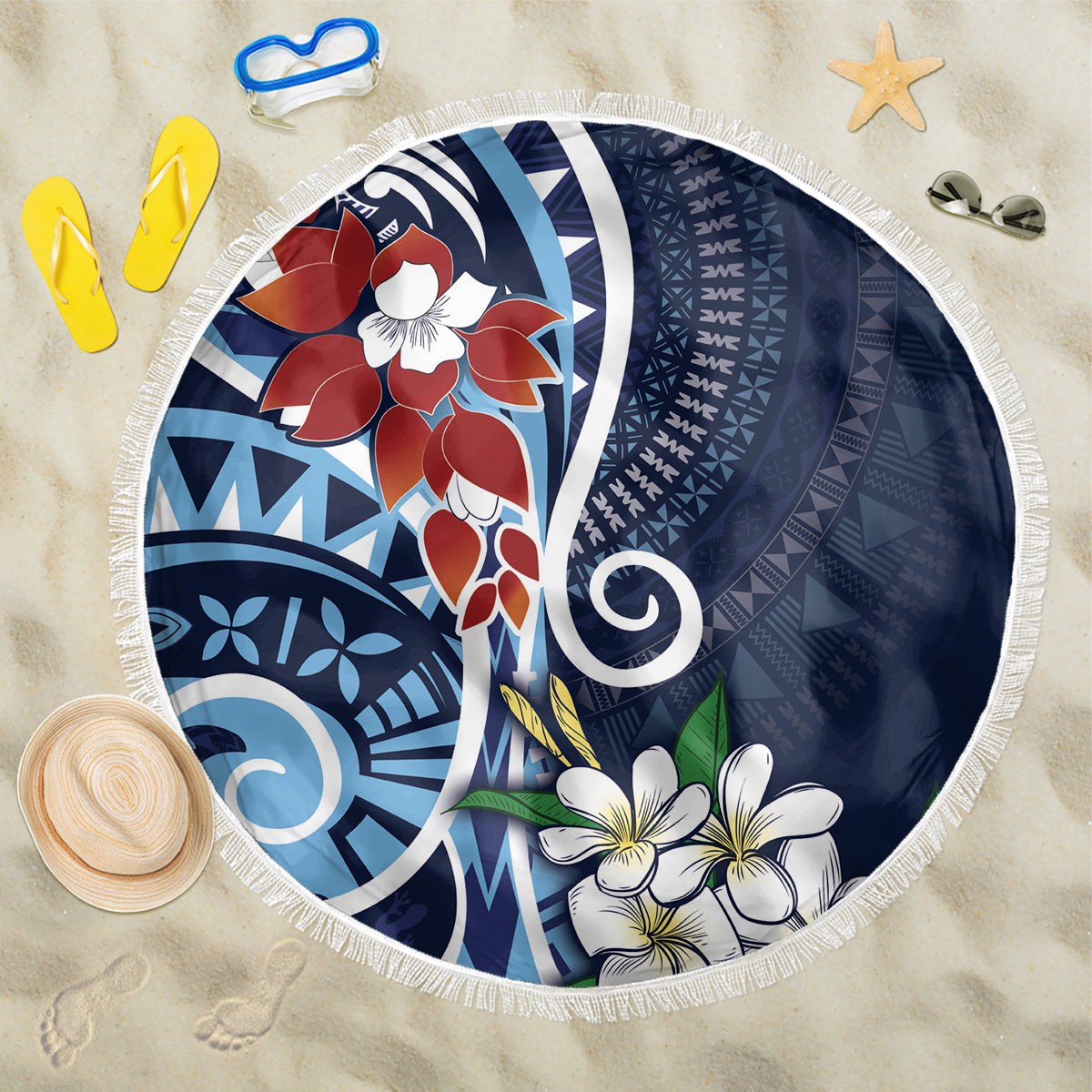 Bula Fiji Tagimaucia Mix Plumeria Masi Tapa Beach Blanket Blue LT7 One Size 150cm Blue - Polynesian Pride