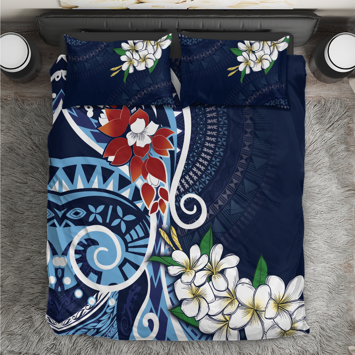 Bula Fiji Tagimaucia Mix Plumeria Masi Tapa Bedding Set Blue LT7 Blue - Polynesian Pride