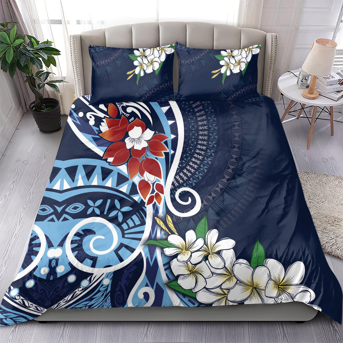 Bula Fiji Tagimaucia Mix Plumeria Masi Tapa Bedding Set Blue LT7 - Polynesian Pride