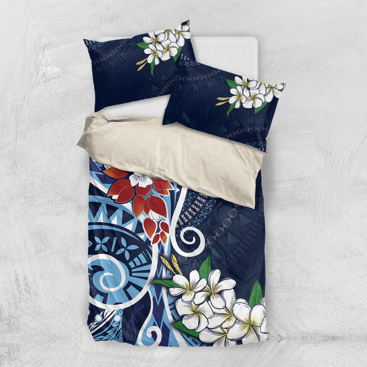 Bula Fiji Tagimaucia Mix Plumeria Masi Tapa Bedding Set Blue LT7 US Twin 172cm x 218cm Blue - Polynesian Pride