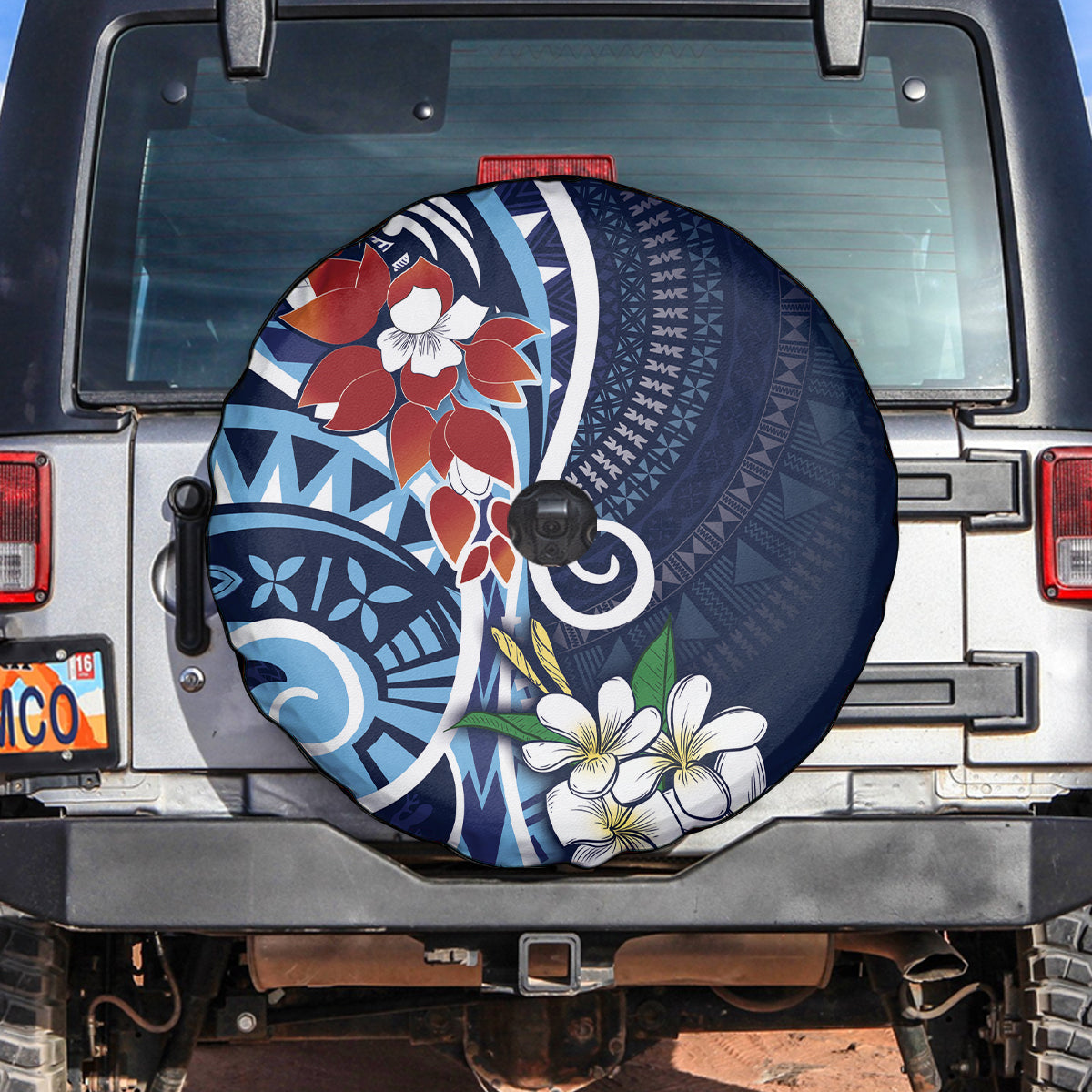 Bula Fiji Tagimaucia Mix Plumeria Masi Tapa Spare Tire Cover Blue LT7 Blue - Polynesian Pride