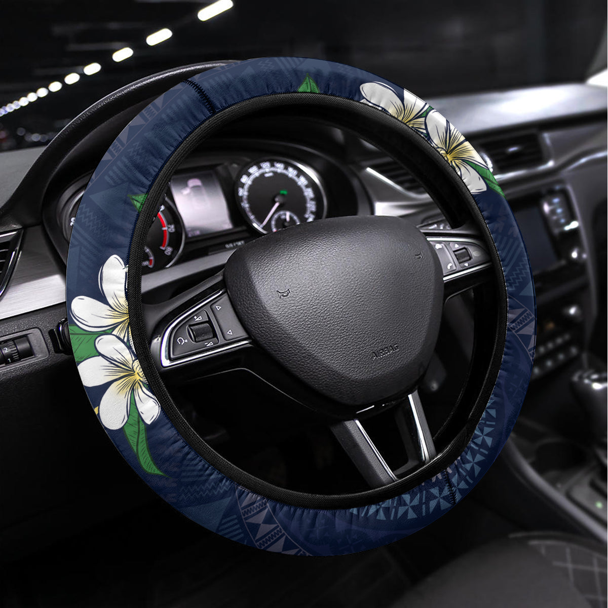 Bula Fiji Tagimaucia Mix Plumeria Masi Tapa Steering Wheel Cover Blue LT7 Universal Fit Blue - Polynesian Pride