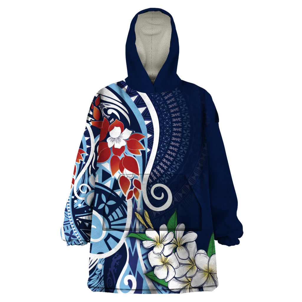 Bula Fiji Tagimaucia Mix Plumeria Masi Tapa Wearable Blanket Hoodie Blue LT7 One Size Blue - Polynesian Pride