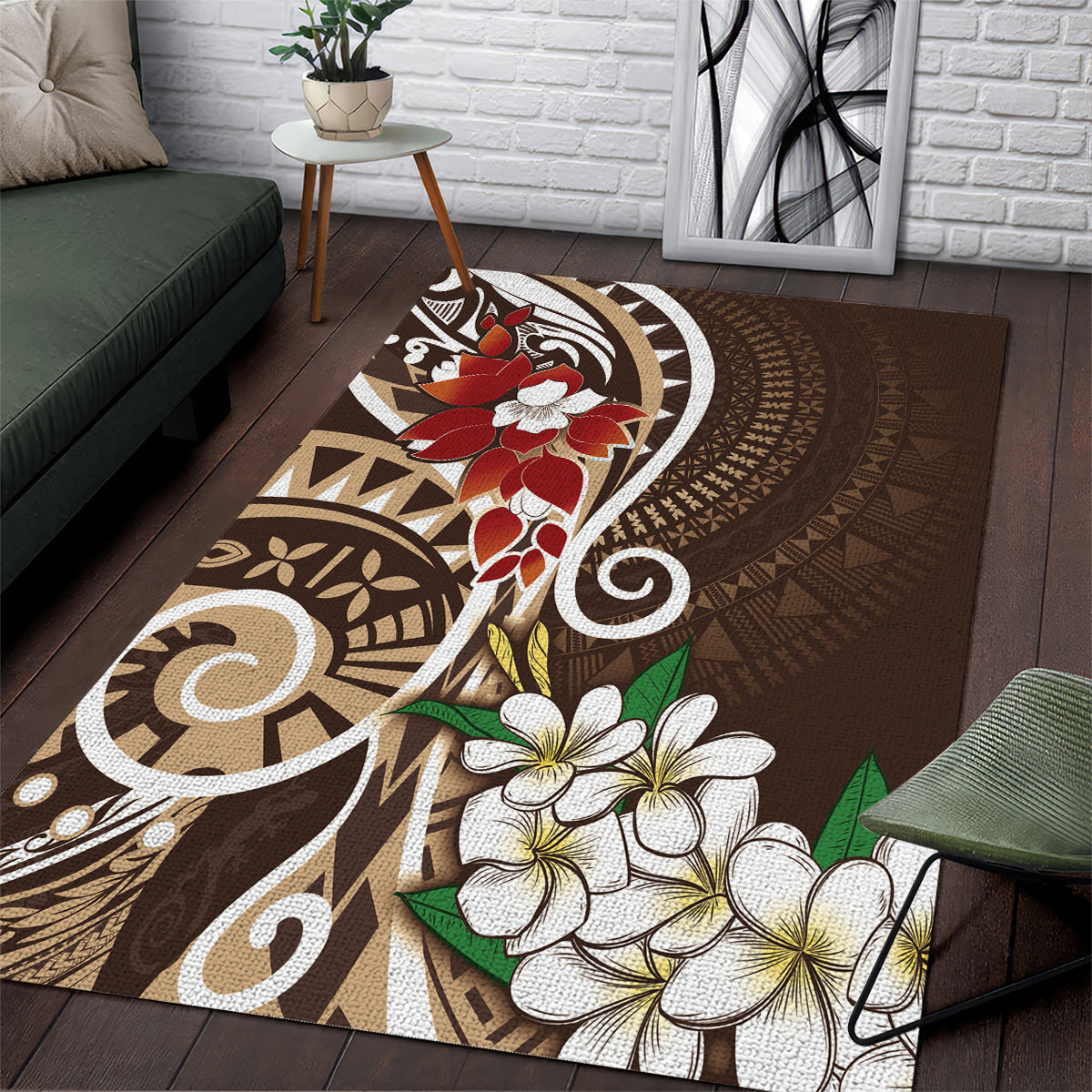 Bula Fiji Tagimaucia Mix Plumeria Masi Tapa Area Rug Brown LT7 Brown - Polynesian Pride