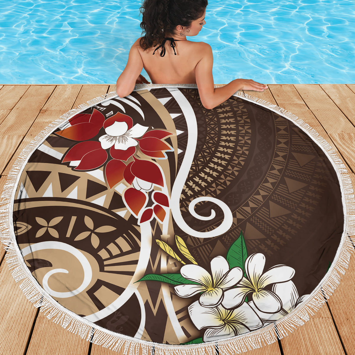 Bula Fiji Tagimaucia Mix Plumeria Masi Tapa Beach Blanket Brown LT7 - Polynesian Pride