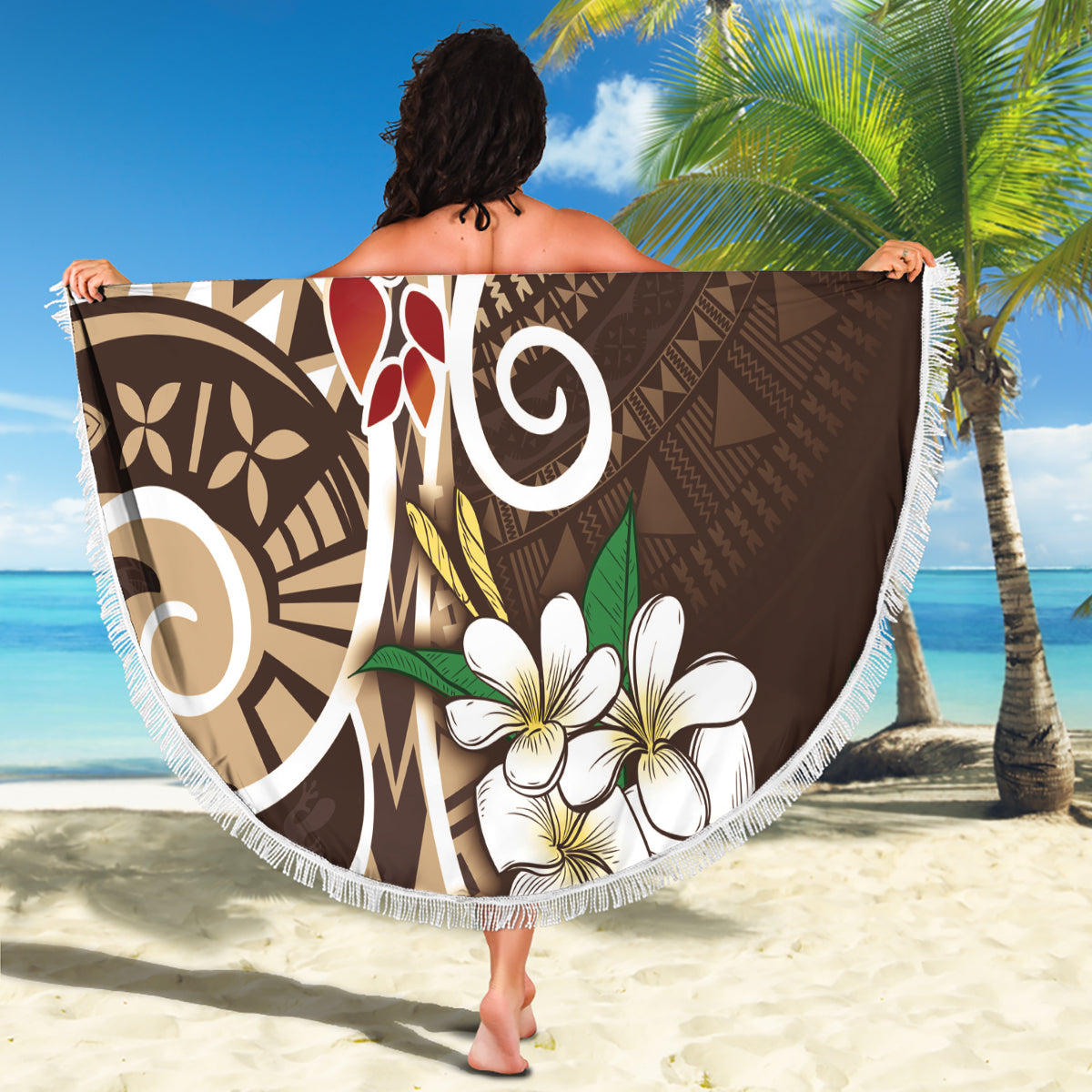 Bula Fiji Tagimaucia Mix Plumeria Masi Tapa Beach Blanket Brown LT7 - Polynesian Pride