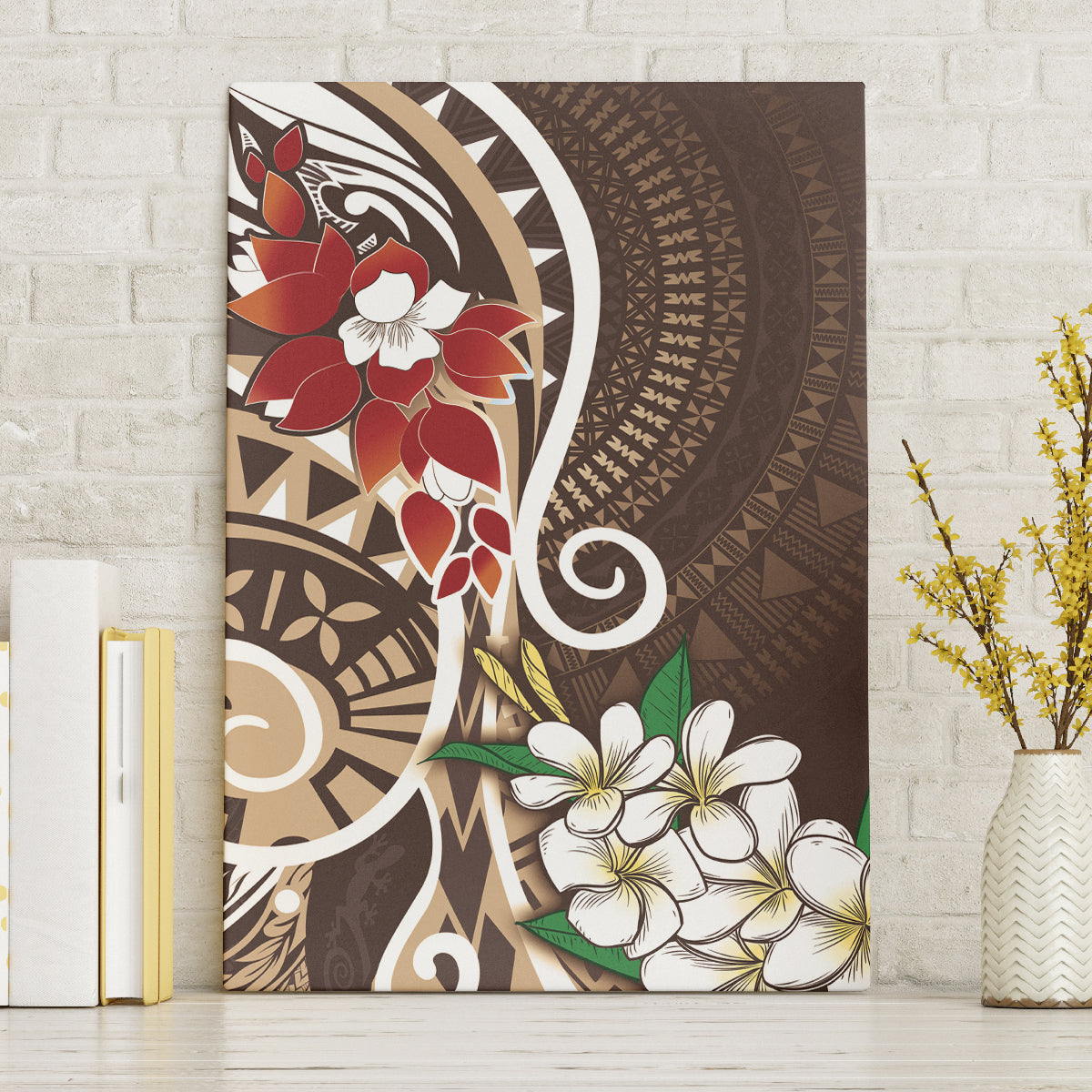 Bula Fiji Tagimaucia Mix Plumeria Masi Tapa Canvas Wall Art Brown LT7 Without Frame Brown - Polynesian Pride