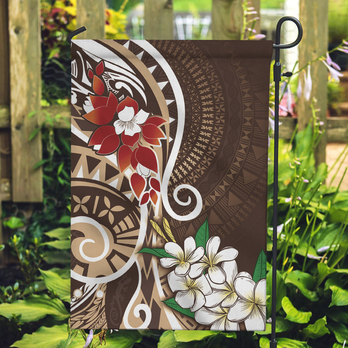 Bula Fiji Tagimaucia Mix Plumeria Masi Tapa Garden Flag Brown LT7 Garden Flag Brown - Polynesian Pride