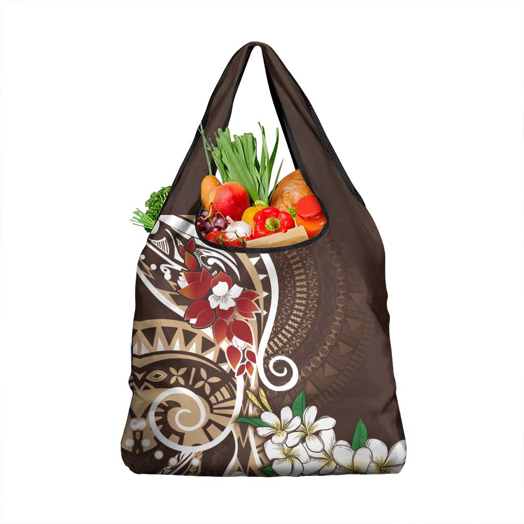 Bula Fiji Tagimaucia Mix Plumeria Masi Tapa Grocery Bag Brown