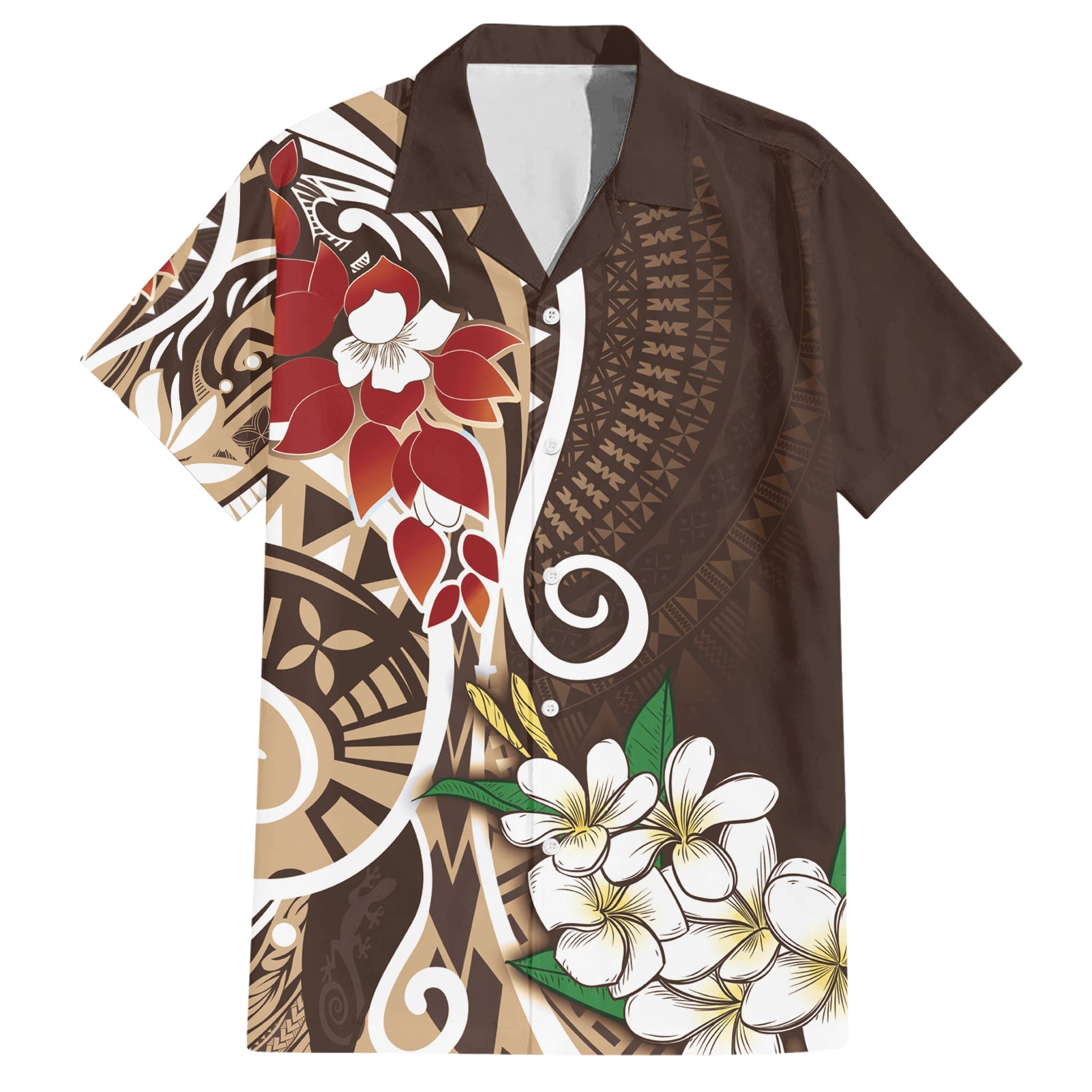 Bula Fiji Tagimaucia Mix Plumeria Masi Tapa Hawaiian Shirt Brown LT7 Brown - Polynesian Pride