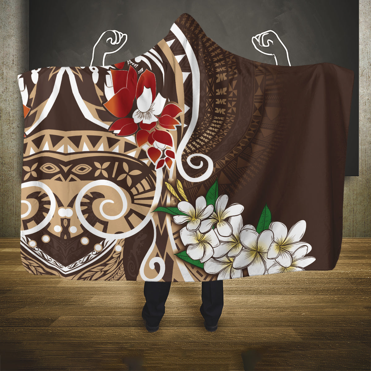 Bula Fiji Tagimaucia Mix Plumeria Masi Tapa Hooded Blanket Brown LT7 One Size Brown - Polynesian Pride