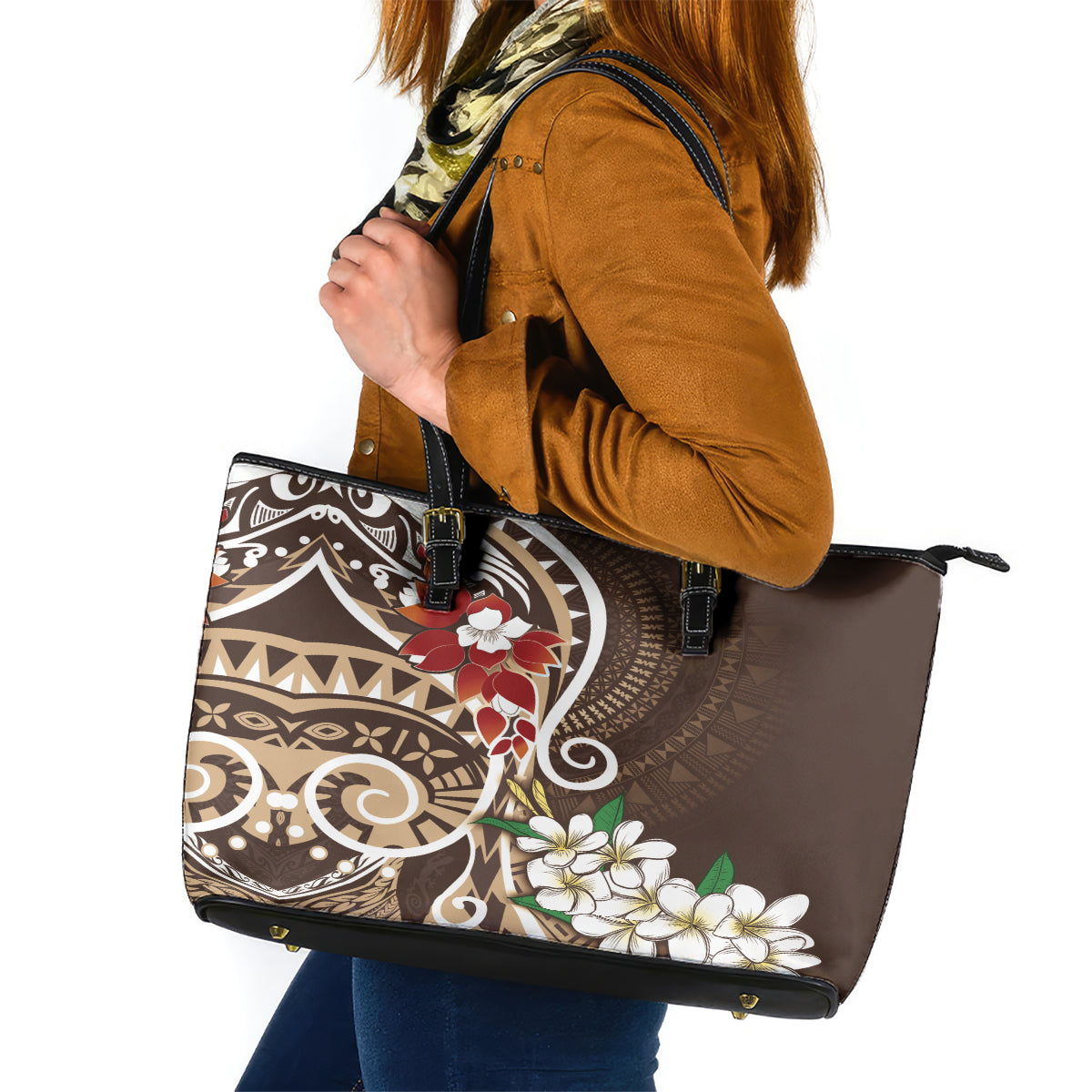 Bula Fiji Tagimaucia Mix Plumeria Masi Tapa Leather Tote Bag Brown LT7 Brown - Polynesian Pride