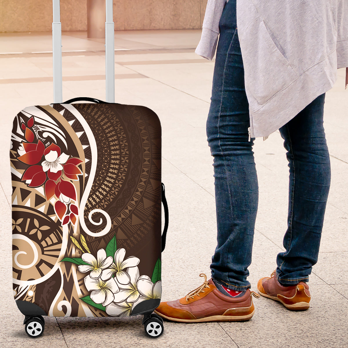 Bula Fiji Tagimaucia Mix Plumeria Masi Tapa Luggage Cover Brown LT7 Brown - Polynesian Pride