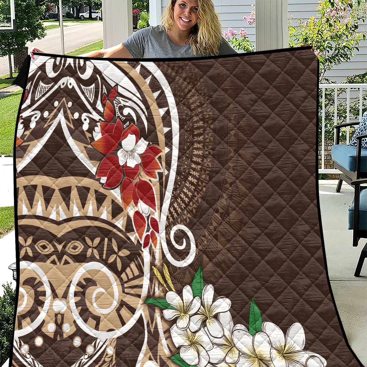 Bula Fiji Tagimaucia Mix Plumeria Masi Tapa Quilt Brown