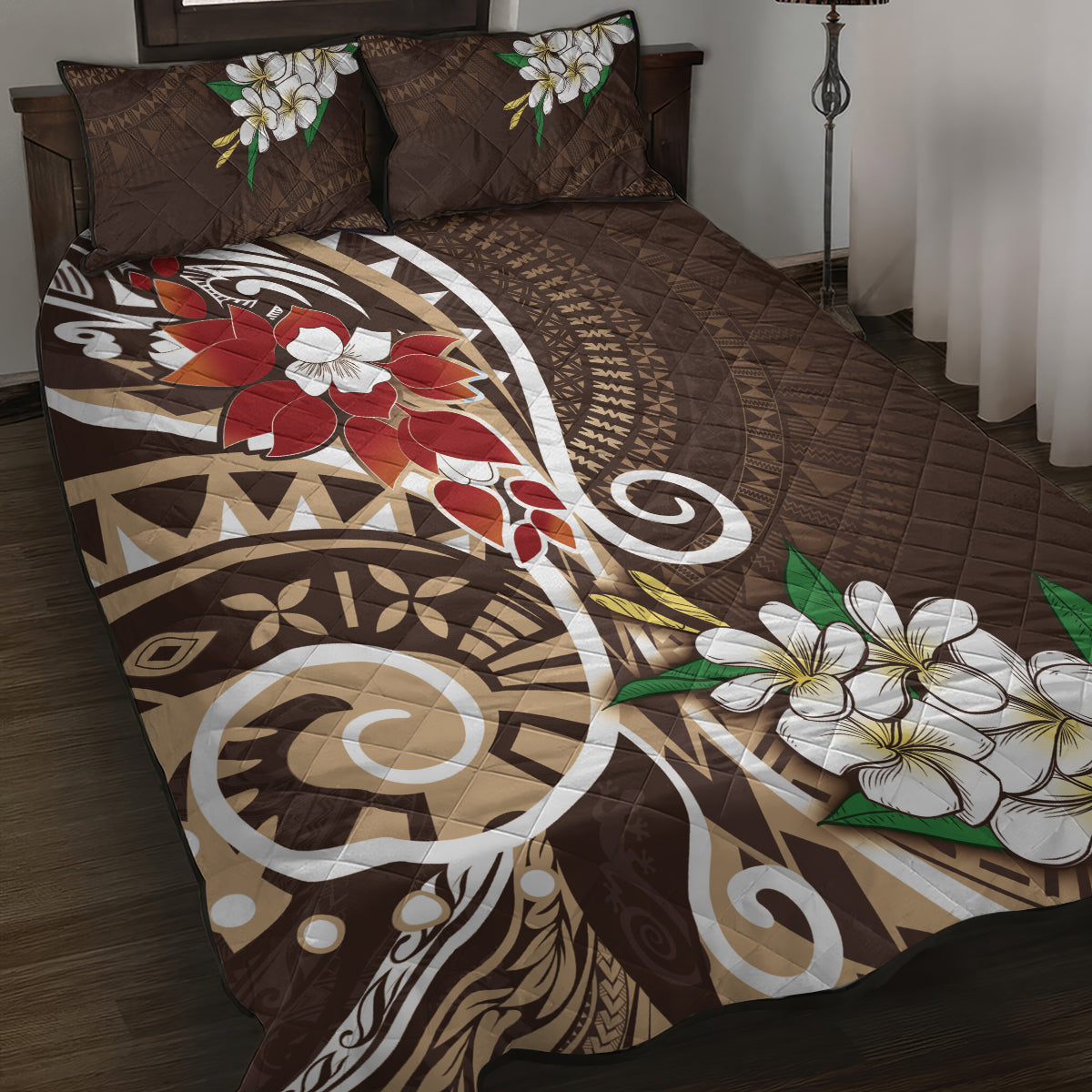 Bula Fiji Tagimaucia Mix Plumeria Masi Tapa Quilt Bed Set Brown LT7 Brown - Polynesian Pride