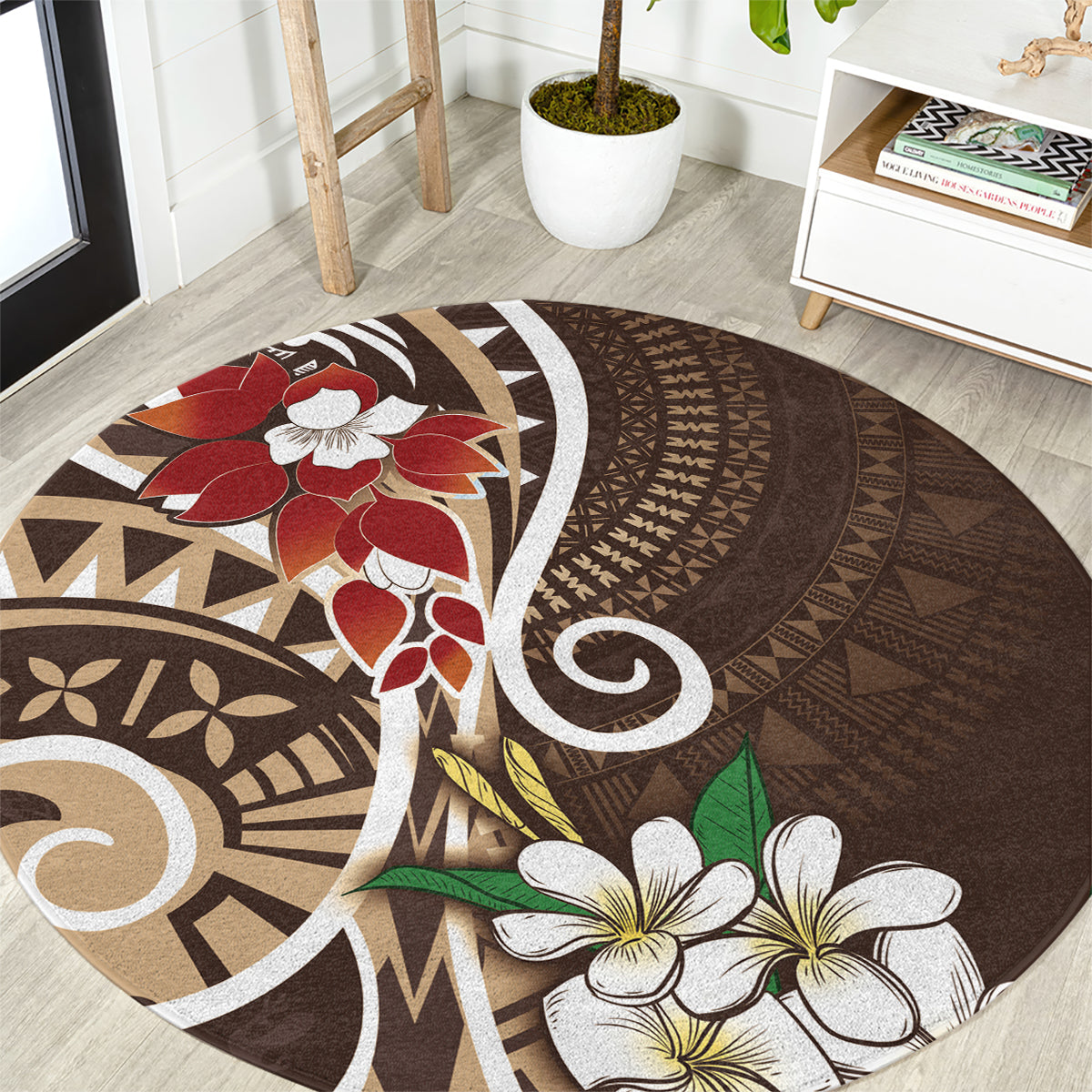 Bula Fiji Tagimaucia Mix Plumeria Masi Tapa Round Carpet Brown LT7 Brown - Polynesian Pride