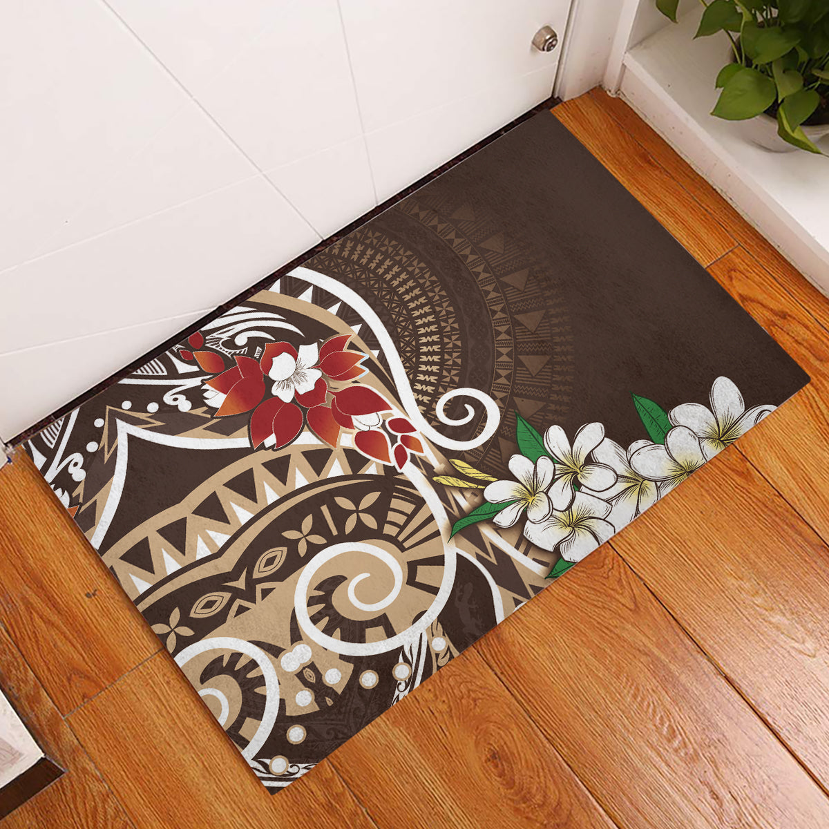 Bula Fiji Tagimaucia Mix Plumeria Masi Tapa Rubber Doormat Brown LT7 Brown - Polynesian Pride