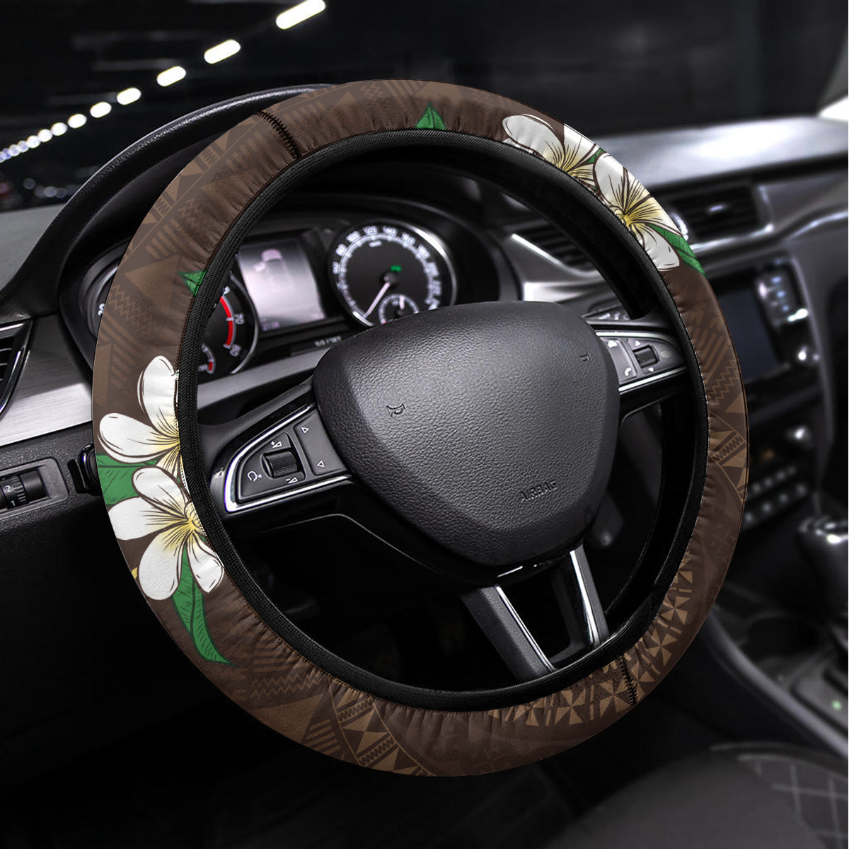 Bula Fiji Tagimaucia Mix Plumeria Masi Tapa Steering Wheel Cover Brown LT7 Universal Fit Brown - Polynesian Pride