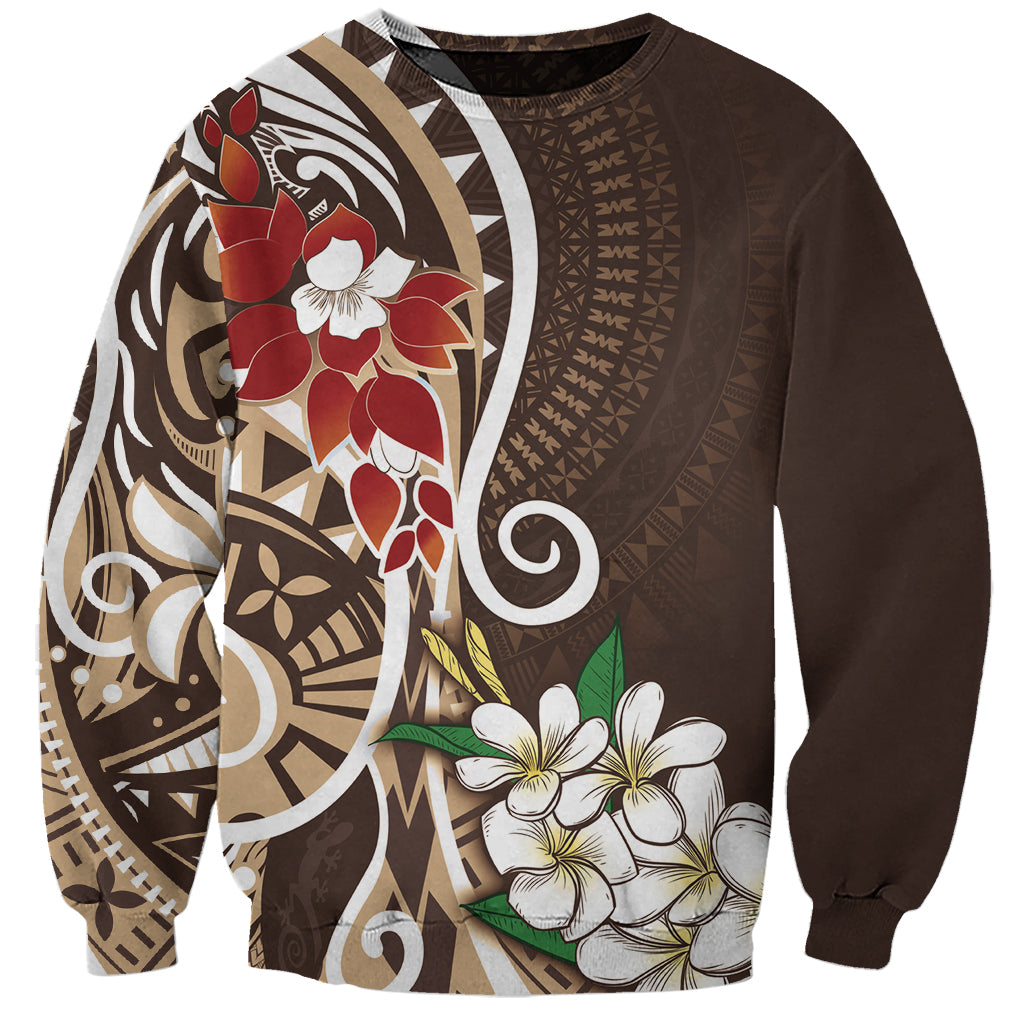 Bula Fiji Tagimaucia Mix Plumeria Masi Tapa Sweatshirt Brown LT7 Unisex Brown - Polynesian Pride