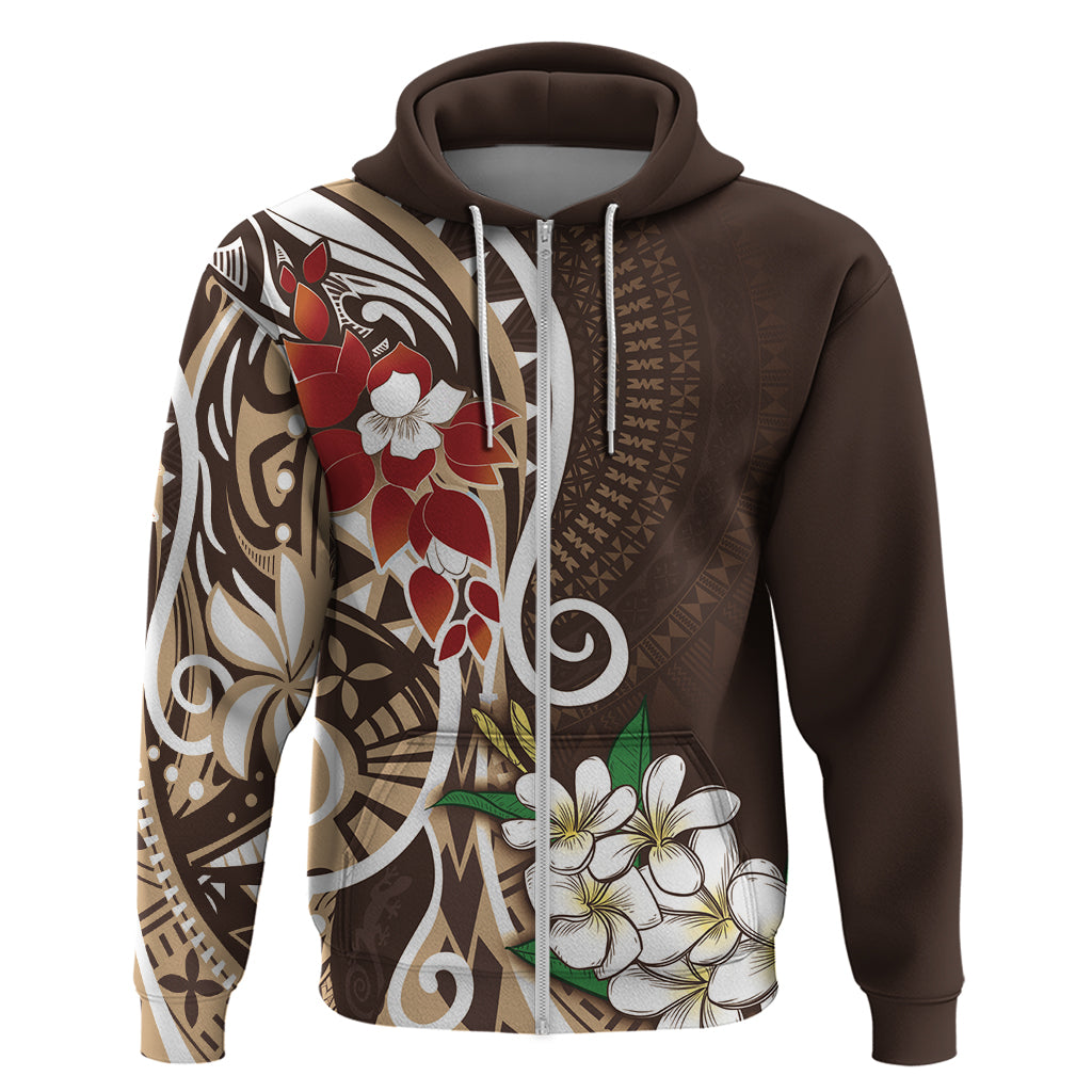 Bula Fiji Tagimaucia Mix Plumeria Masi Tapa Zip Hoodie Brown LT7 Zip Hoodie Brown - Polynesian Pride