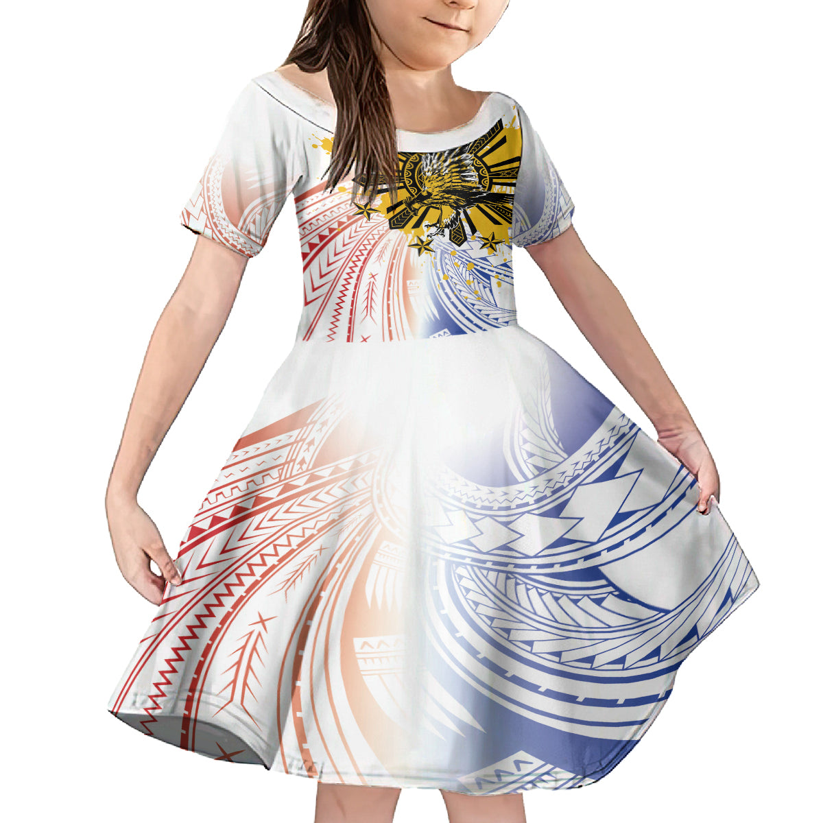 Philippines Independence Day Kid Short Sleeve Dress Eagle Mix Filipino Flag Tribal Style LT7 KID White - Polynesian Pride