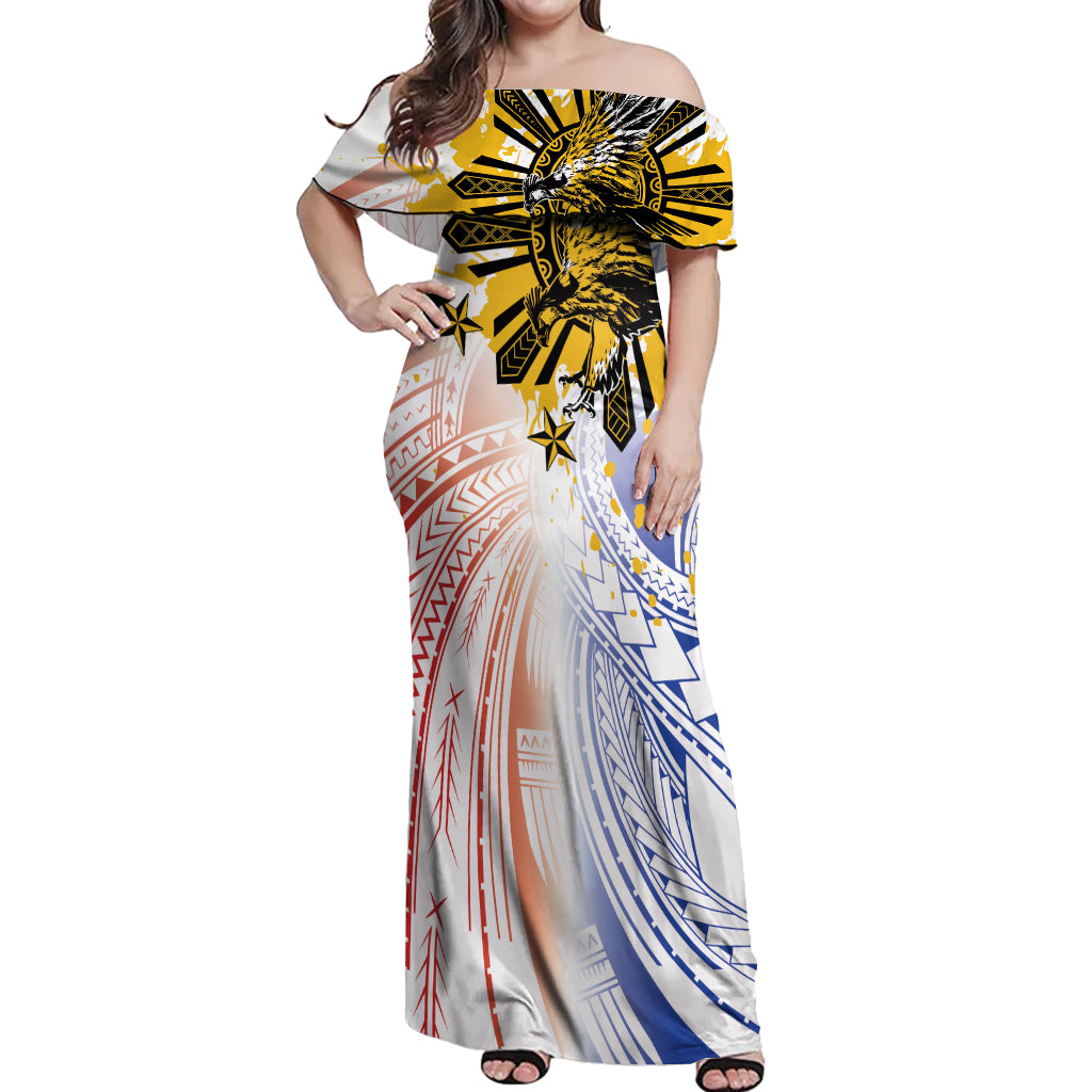 Philippines Independence Day Off Shoulder Maxi Dress Eagle Mix Filipino Flag Tribal Style LT7 Women White - Polynesian Pride