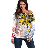 Philippines Independence Day Off Shoulder Sweater Eagle Mix Filipino Flag Tribal Style LT7 Women White - Polynesian Pride